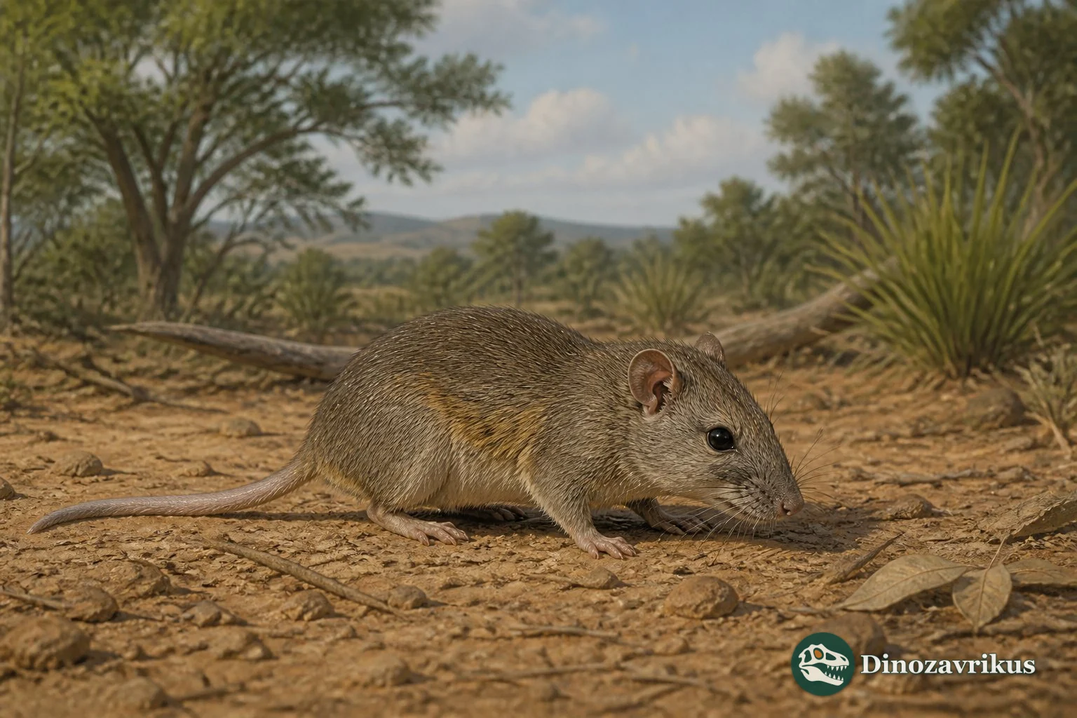 Reconstruction of Eucricetodon moving across an Oligocene woodland floor