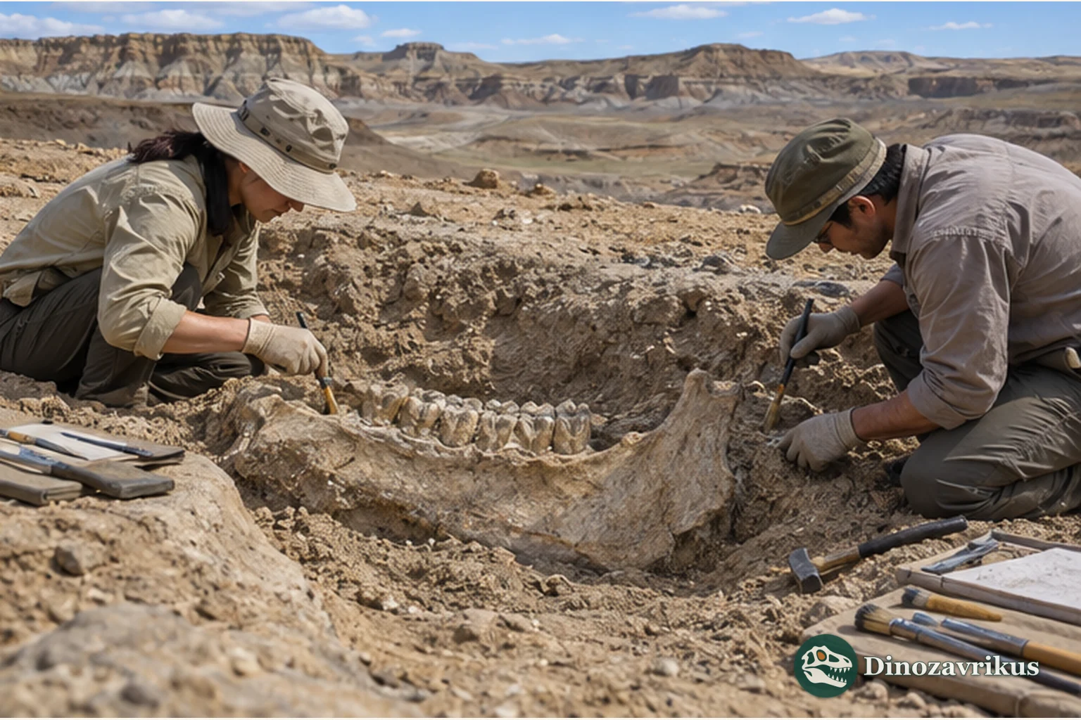 Illustrative field scene of paleontologists documenting a fossil mammal jaw