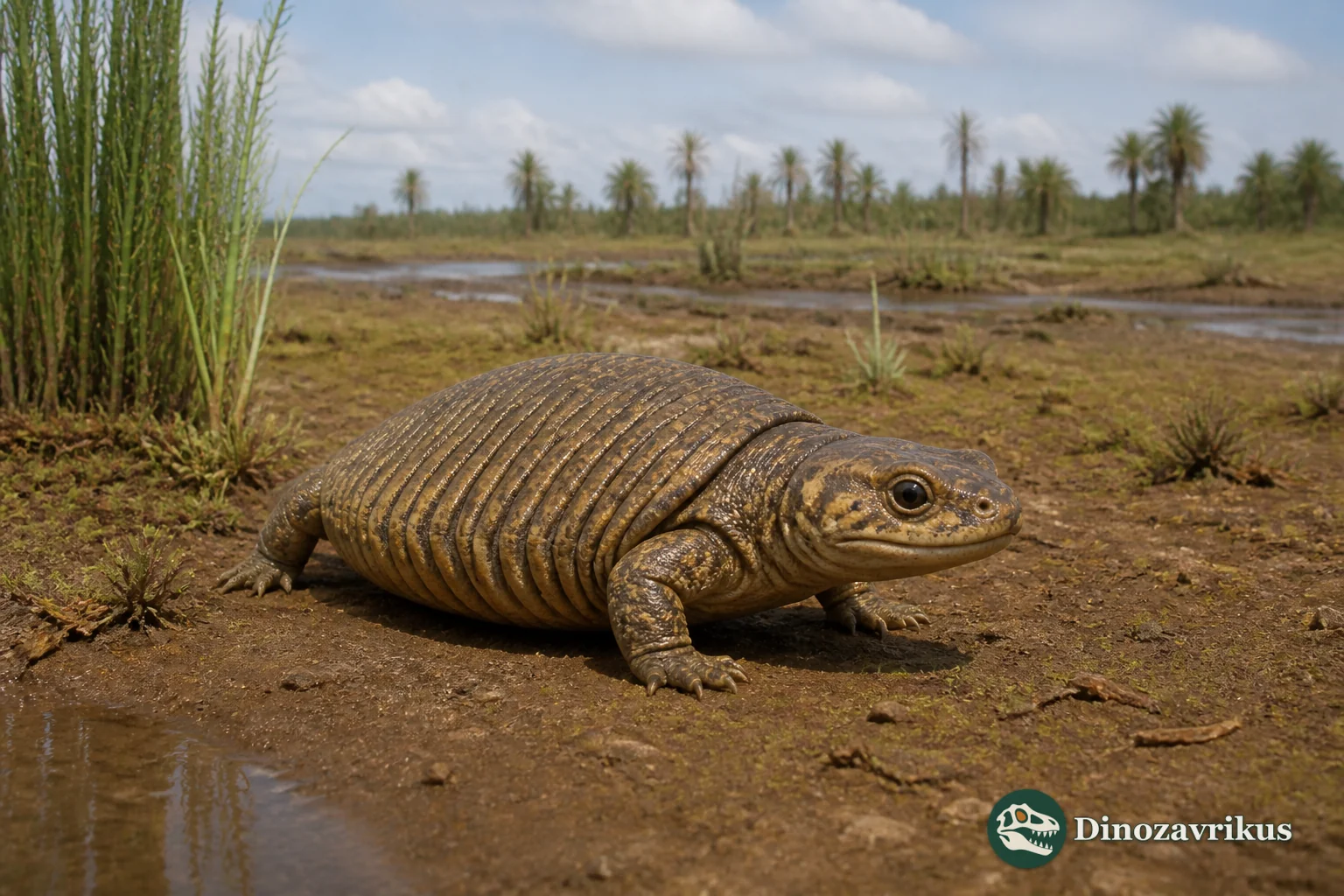 Eunotosaurus with a broad ribcage on a Permian Karoo floodplain