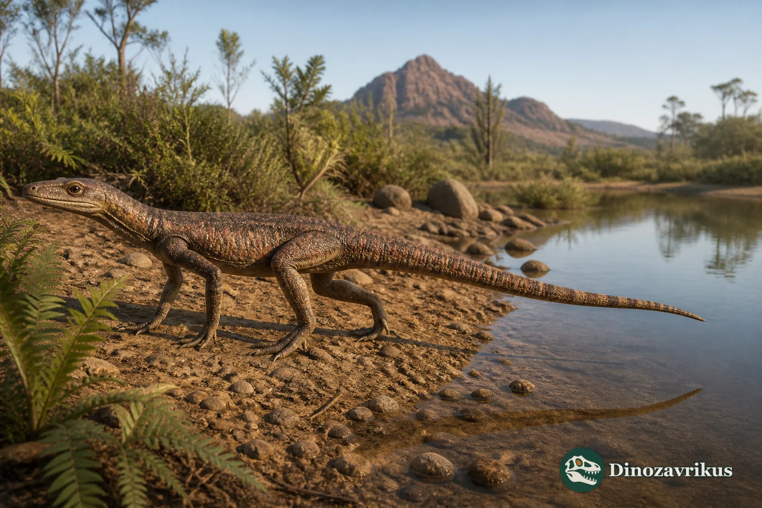 Euparkeria walking on a Middle Triassic floodplain in South Africa
