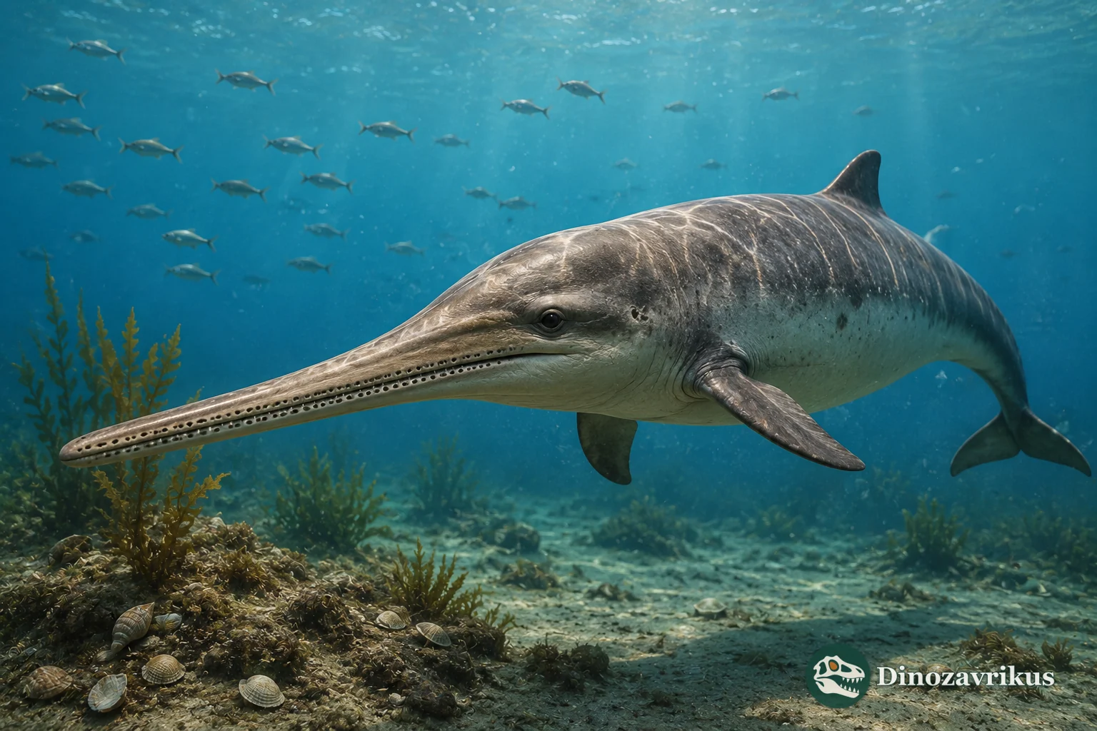 Reconstruction of Eurhinodelphis swimming over a Miocene North Sea seabed