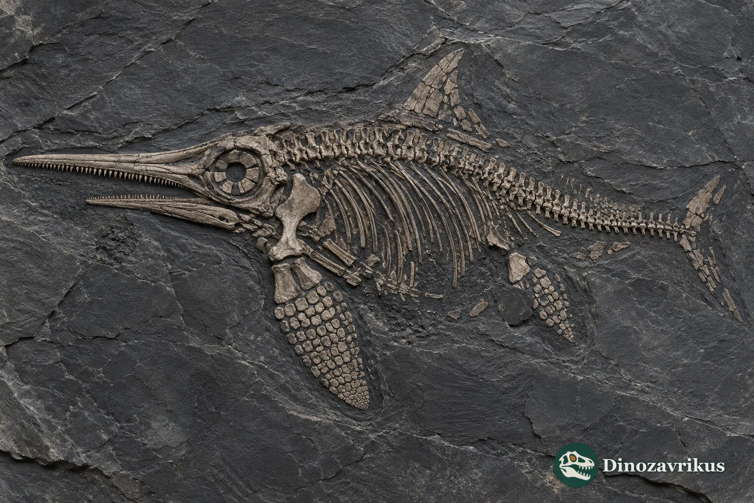 Imagined ichthyosaur fossil skeleton in dark shale