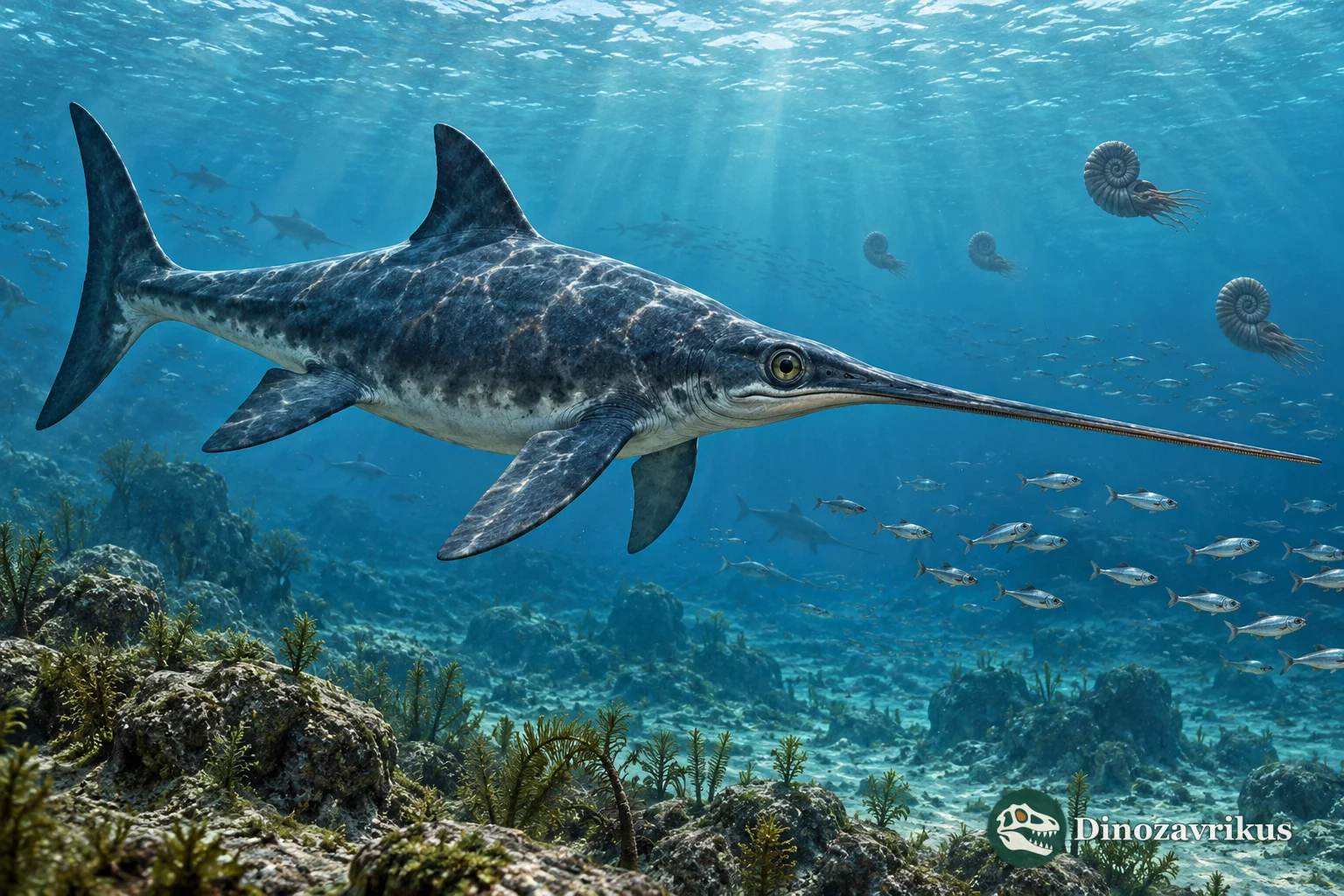 Imagined Early Jurassic sea with Eurhinosaurus