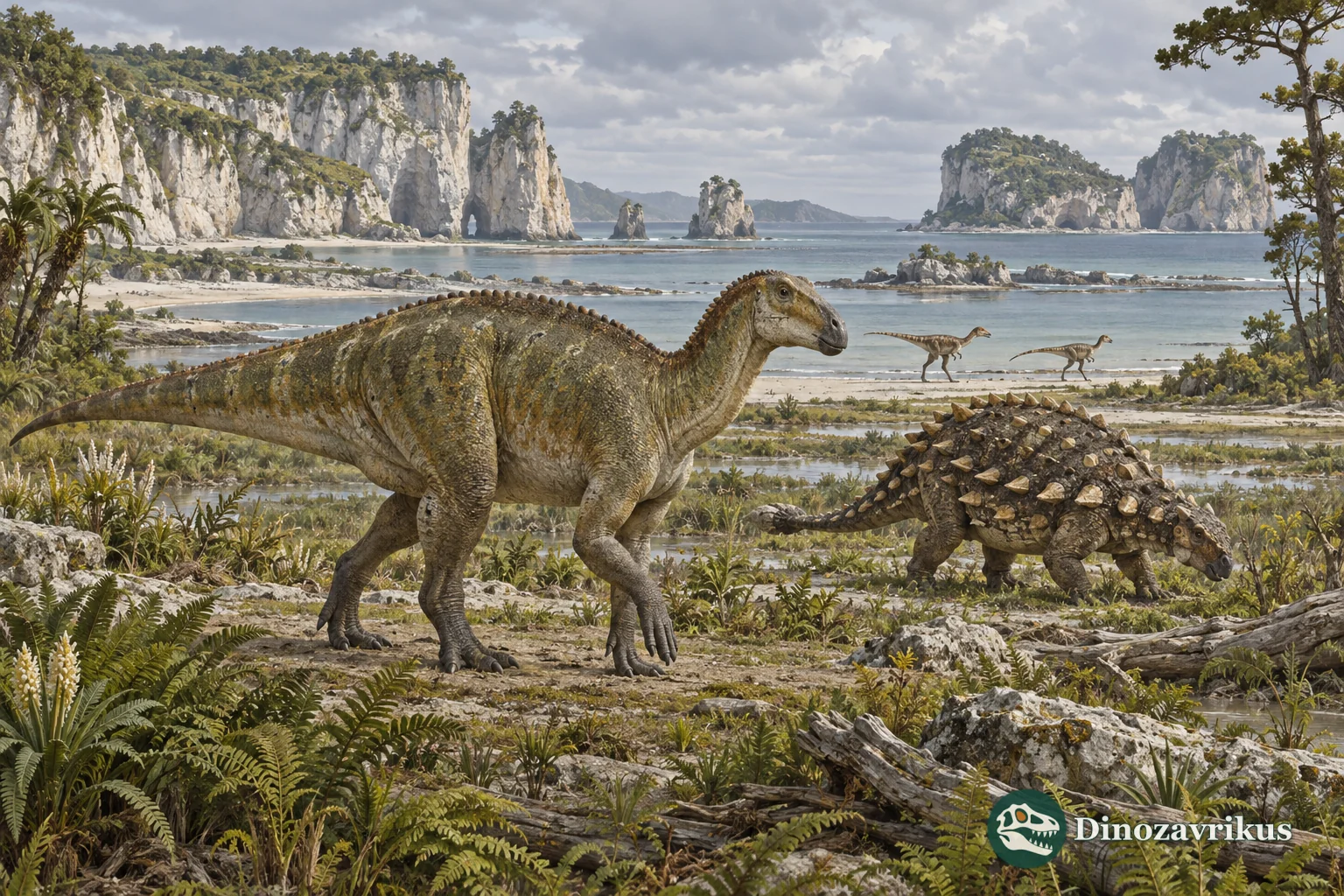 Ornithopod and armoured dinosaurs on a reconstructed Cretaceous European island coast