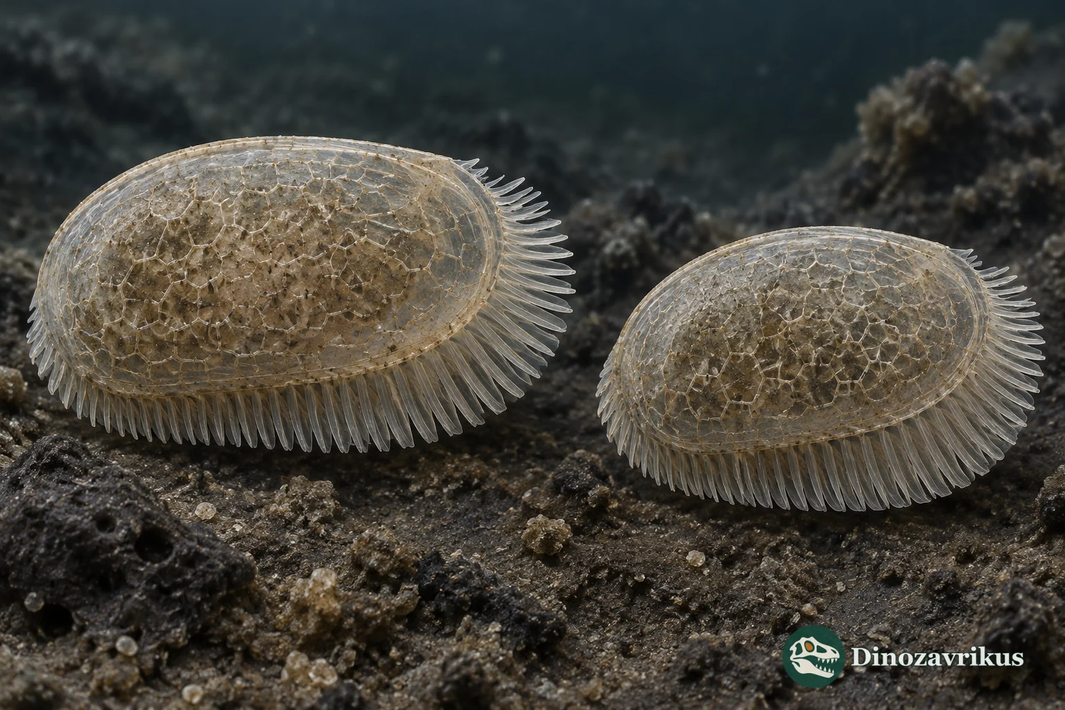 Magnified Ordovician Eurychilina ostracod showing paired valves and a broad velar fringe
