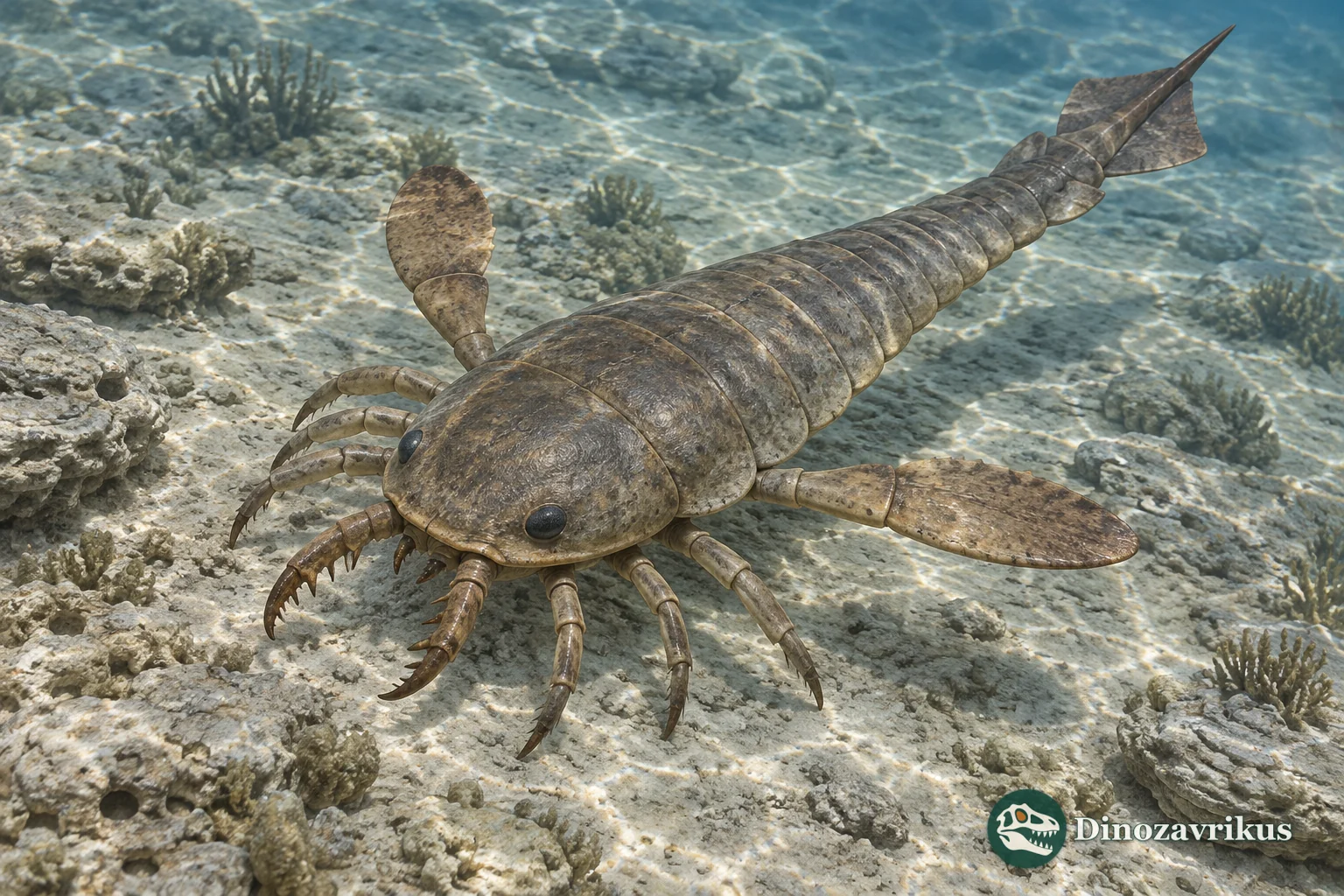 Eurypterus remipes with segmented body and paddle-shaped swimming appendages in a Silurian sea