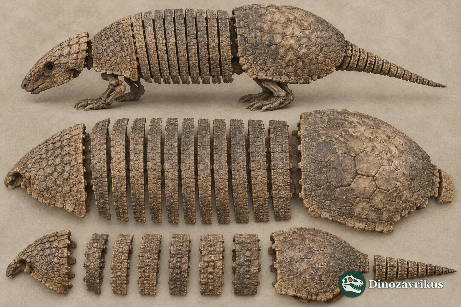 Interpretive arrangement of movable Eutatus bands and fixed shield osteoderms
