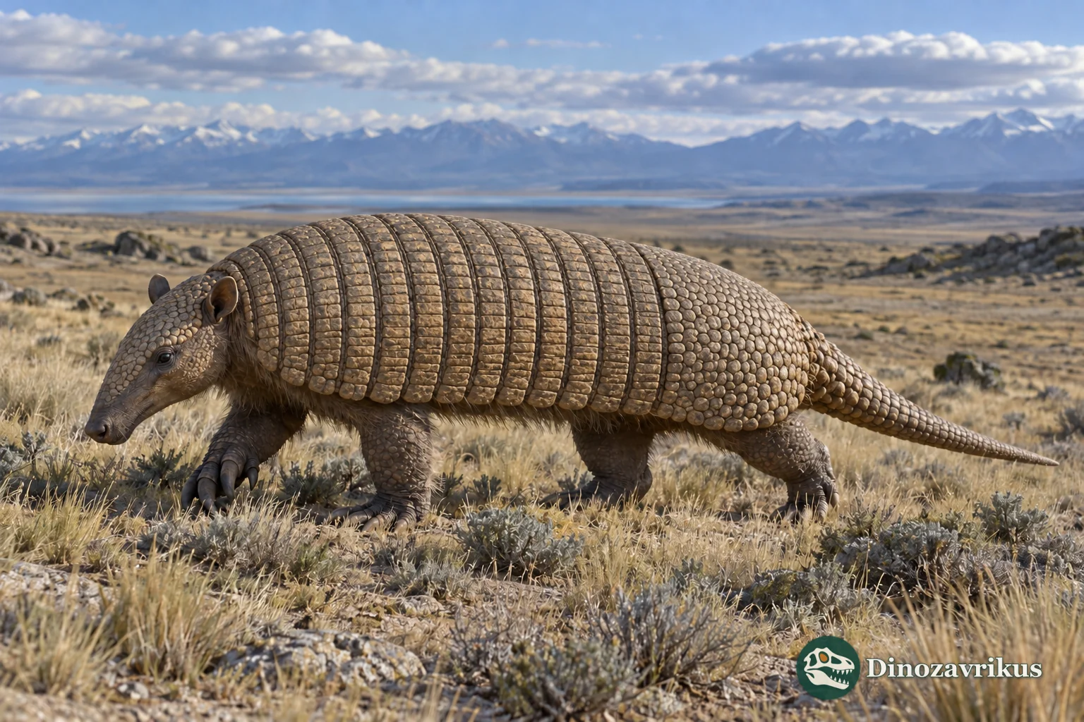 Artistic reconstruction of Eutatus with multiple movable armor bands in Pleistocene Pampas