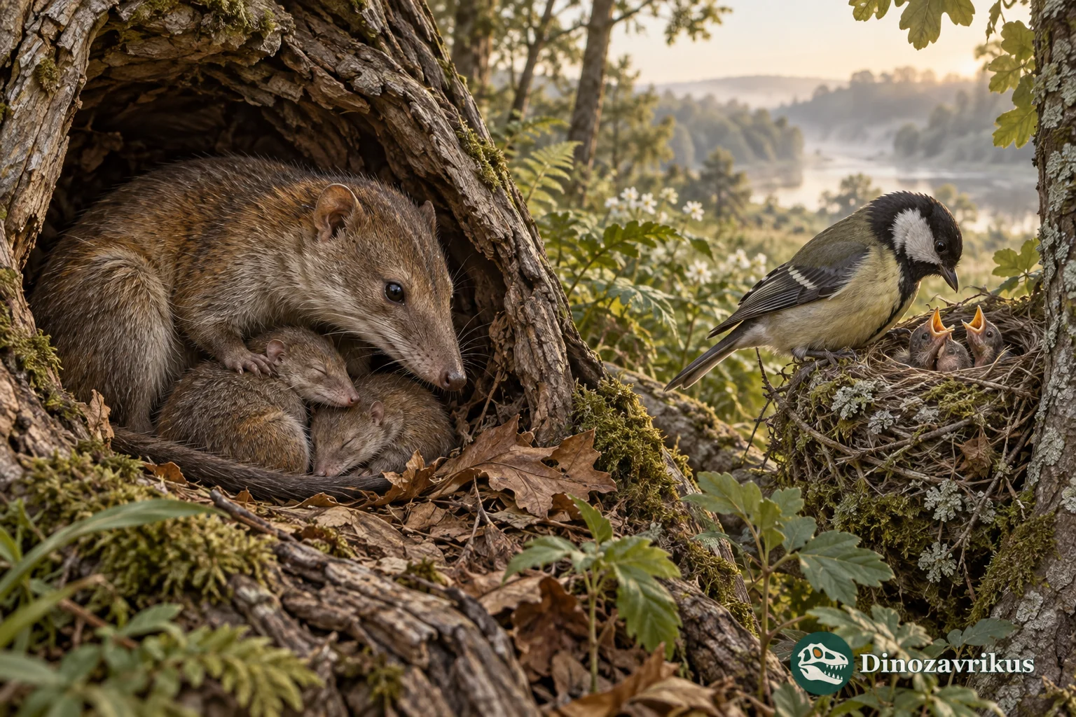 Small mammals sheltered in a tree hollow beside a bird feeding its chicks