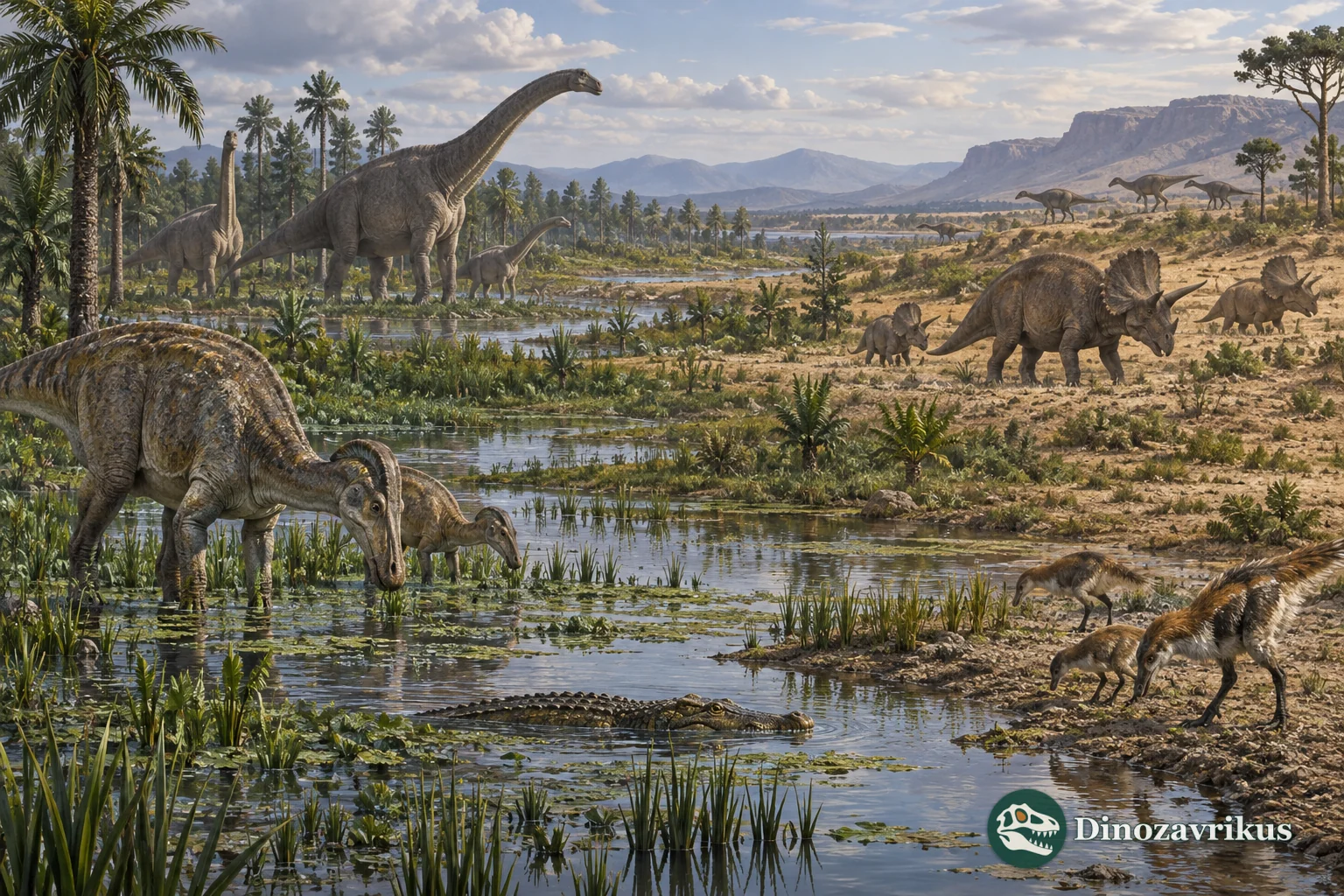 Several dinosaur groups occupy a floodplain that changes gradually from wetland to drier habitat