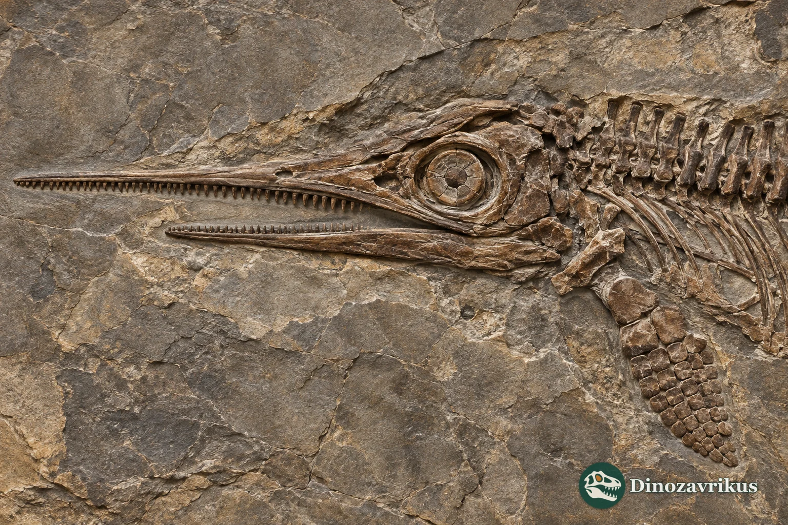 Composite illustration of a long-snouted ichthyosaur skull and associated bones