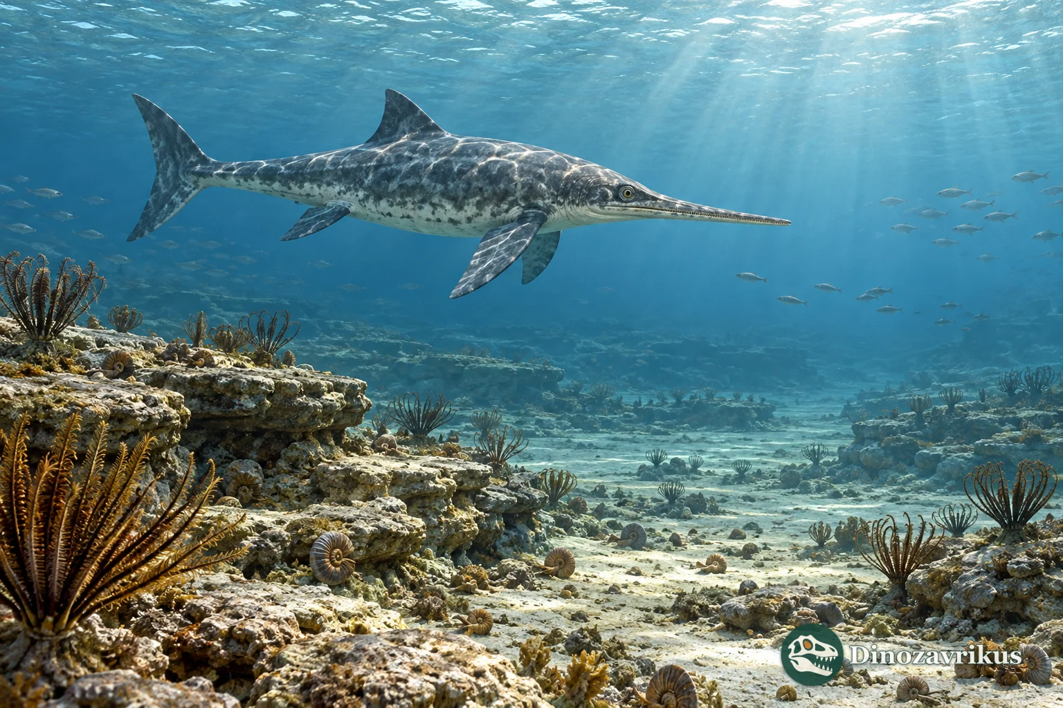 Artistic Early Jurassic marine scene with Excalibosaurus