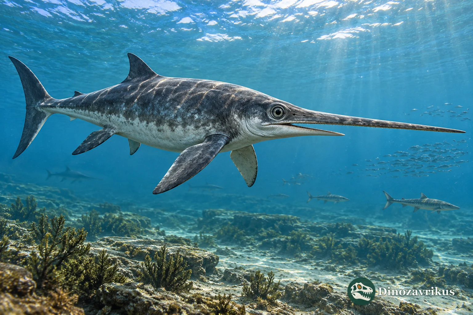 Artistic reconstruction of Excalibosaurus in an Early Jurassic sea