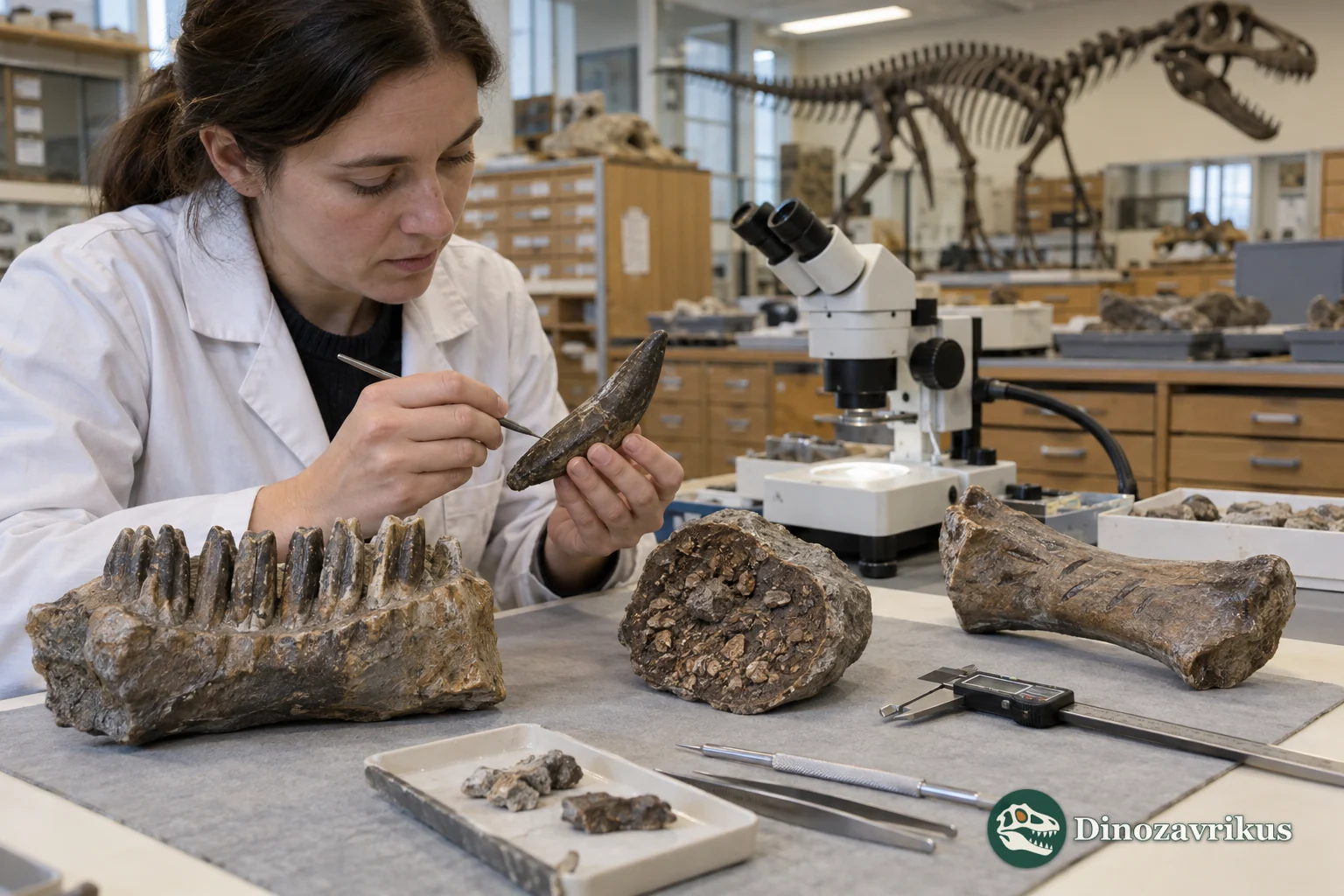 A palaeontologist comparing a fossil tooth, jaw, coprolite and bite-marked bone in a laboratory