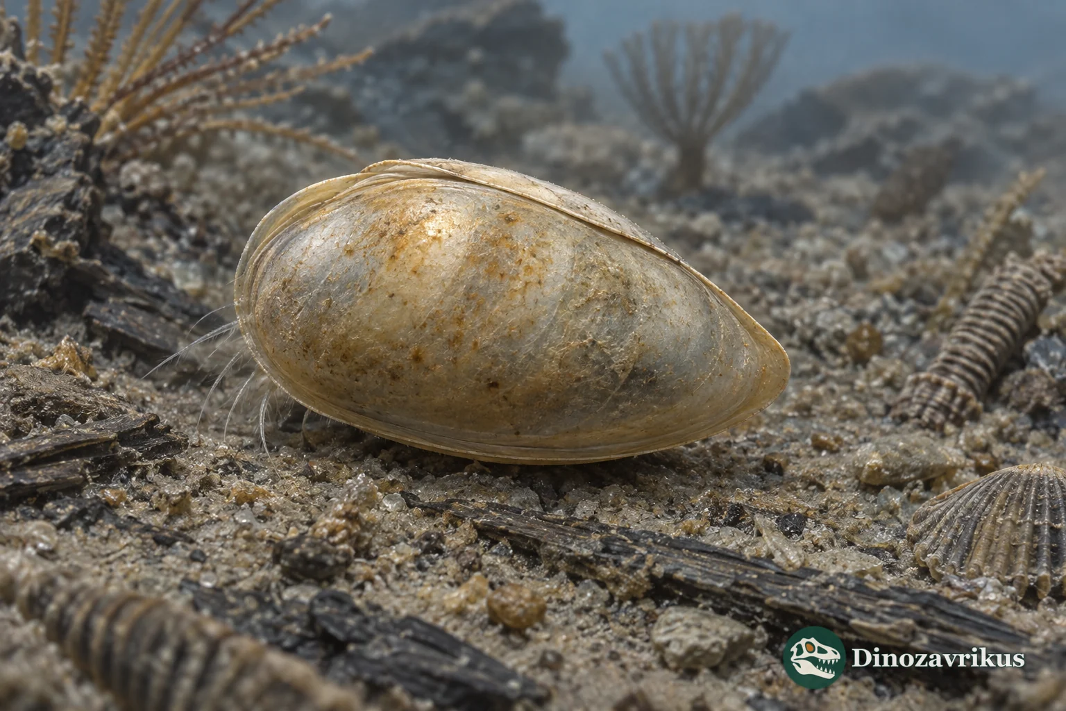 Magnified reconstruction of a smooth, paired-valve Fabalicypris ostracod on a Pennsylvanian seafloor