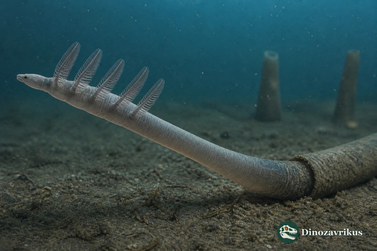 Facivermis anchored in a tube and raising its spiny front limbs above the Cambrian seafloor