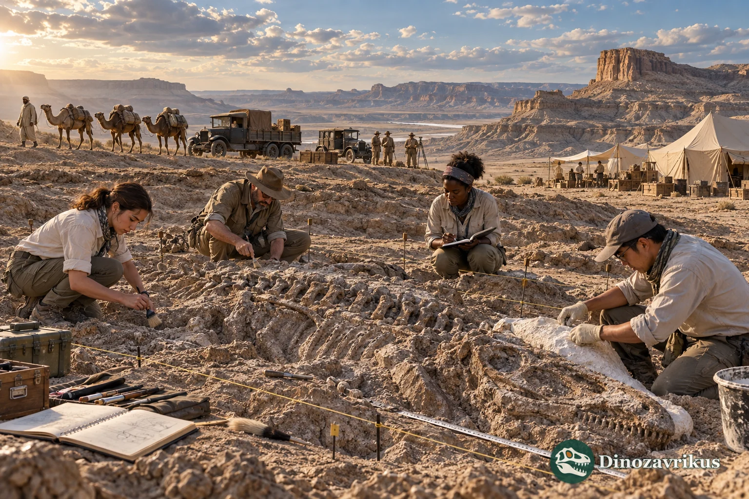 Palaeontologists from different generations document a dinosaur skeleton at a desert locality