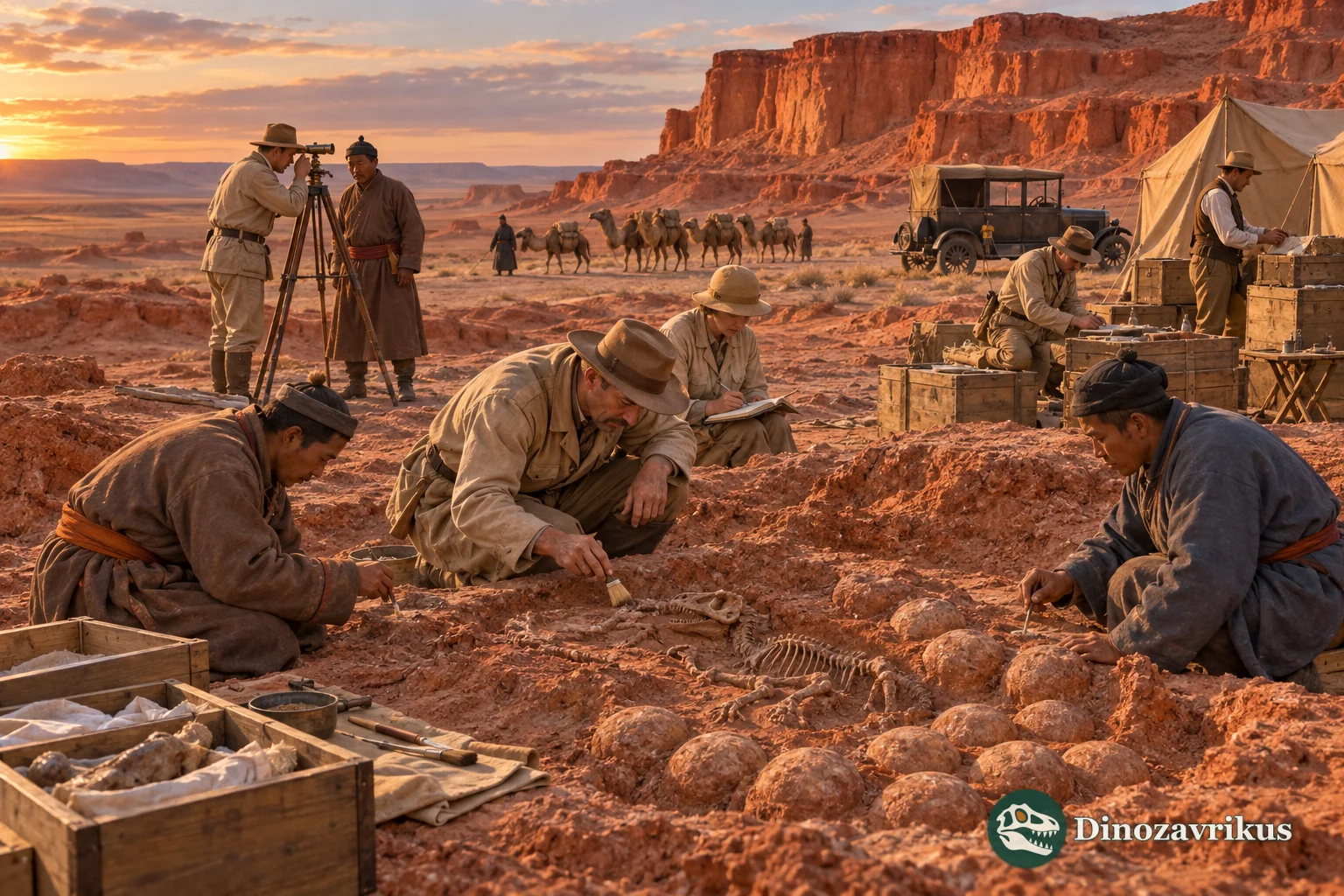 A Central Asiatic Expedition team investigates eggs and a skeleton near the Flaming Cliffs