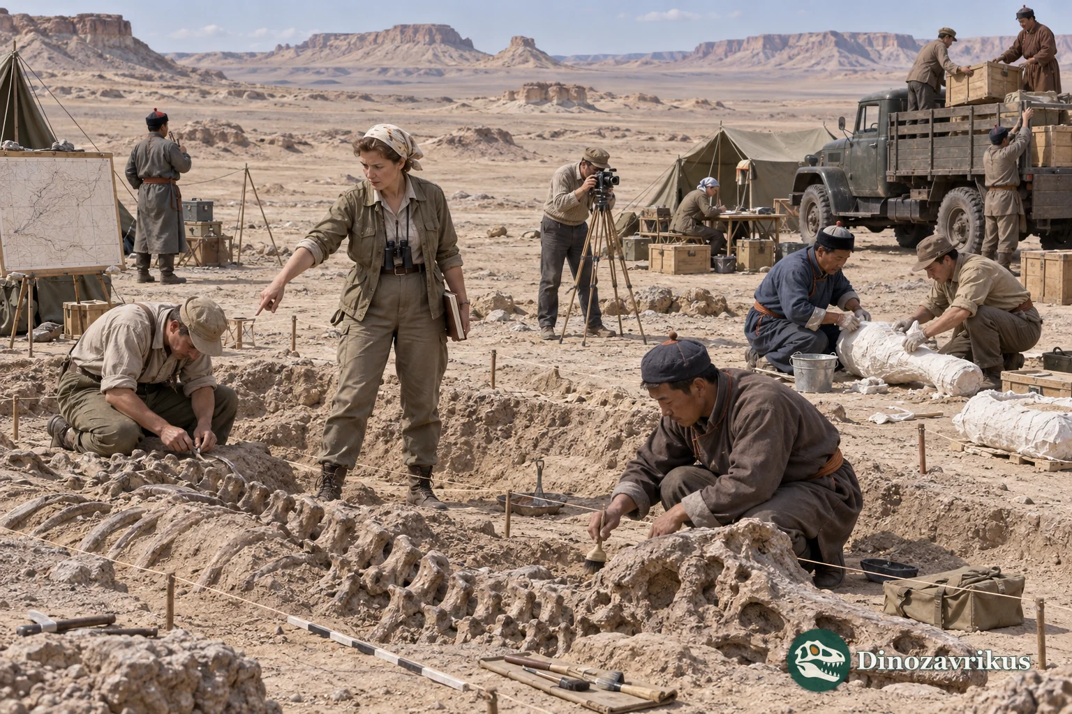 Polish and Mongolian researchers document a skeleton and prepare plaster jackets in the Gobi