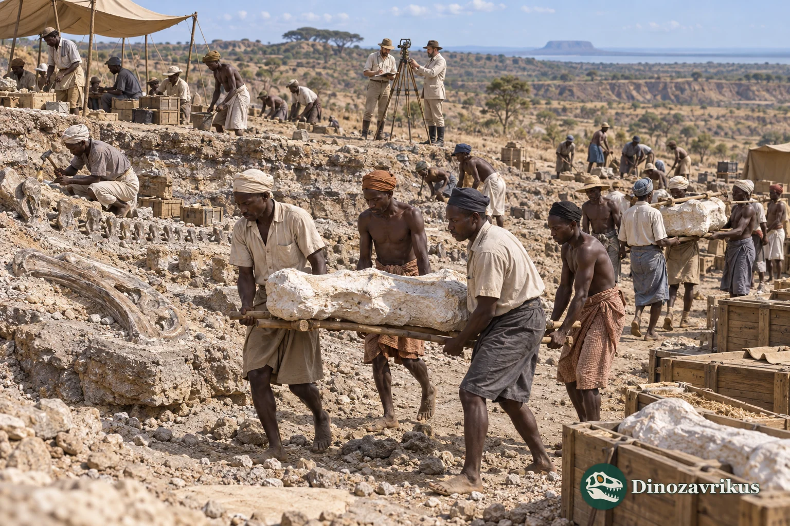 Tanzanian workers and museum specialists excavate and carry dinosaur bones at Tendaguru