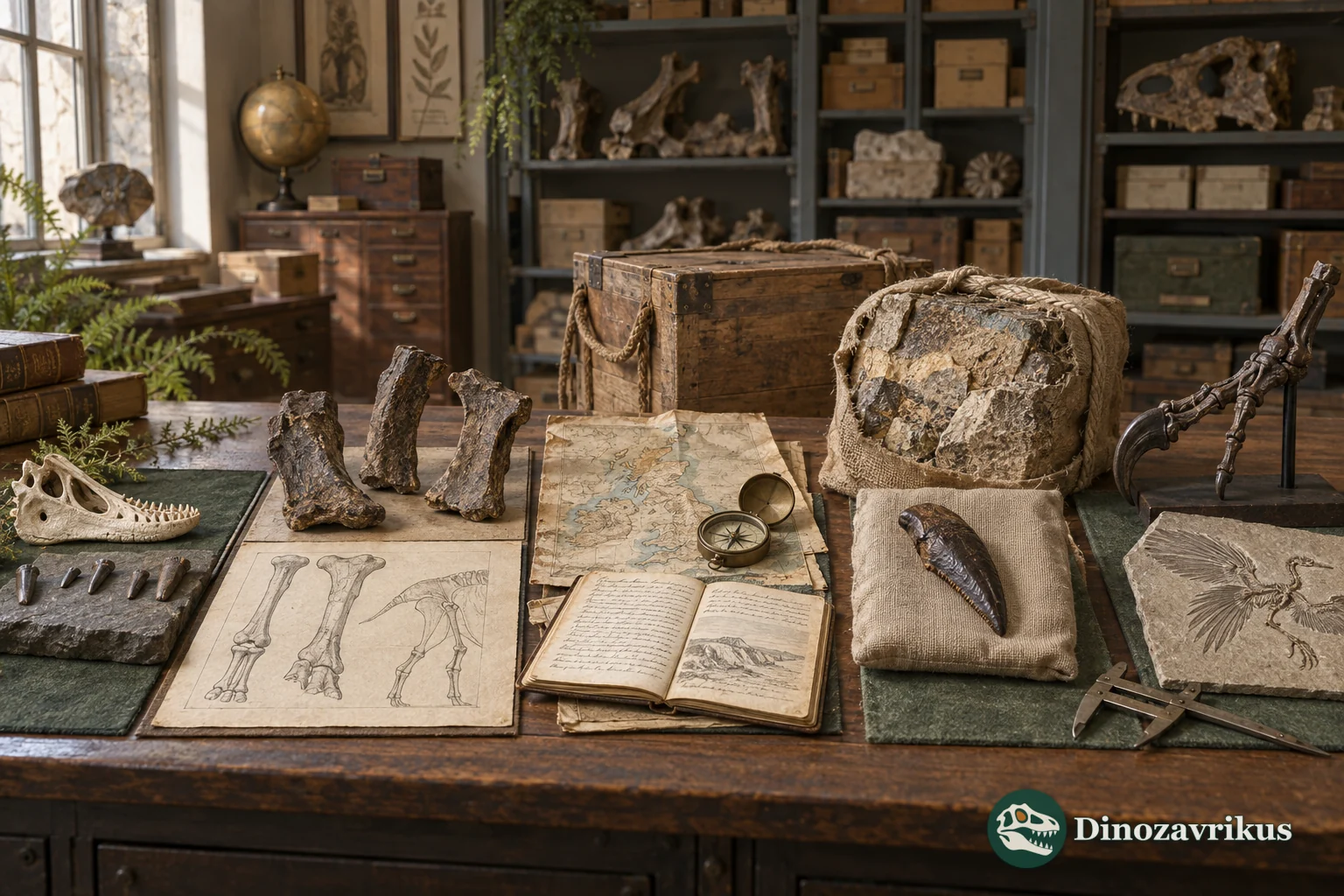 Five stages of dinosaur research from an early naturalist's study to a modern laboratory