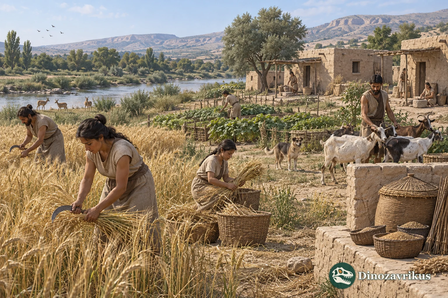 Early farmers harvest grain beside a riverside settlement and tend domesticated goats