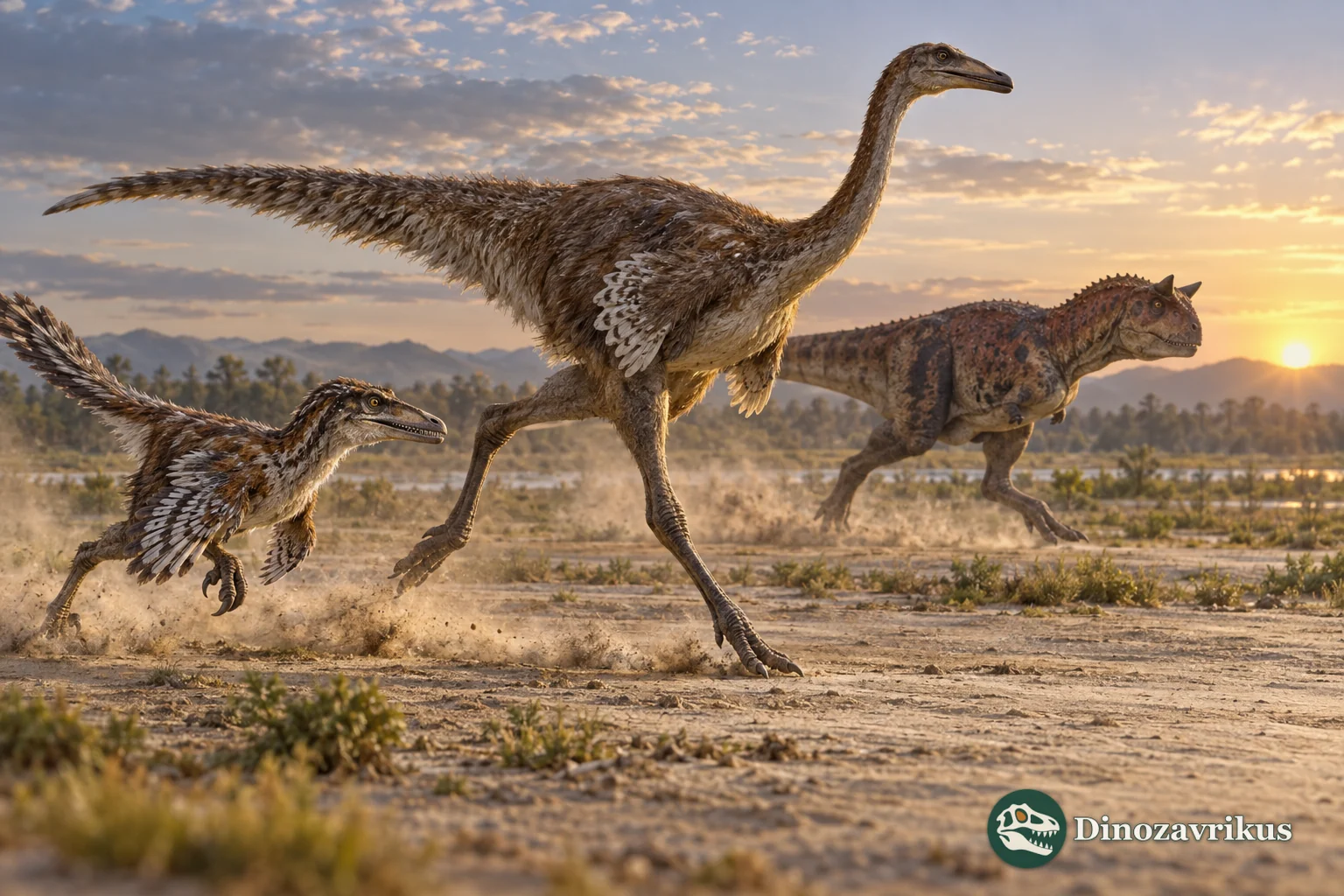 Gallimimus, Velociraptor and Carnotaurus running across open ground
