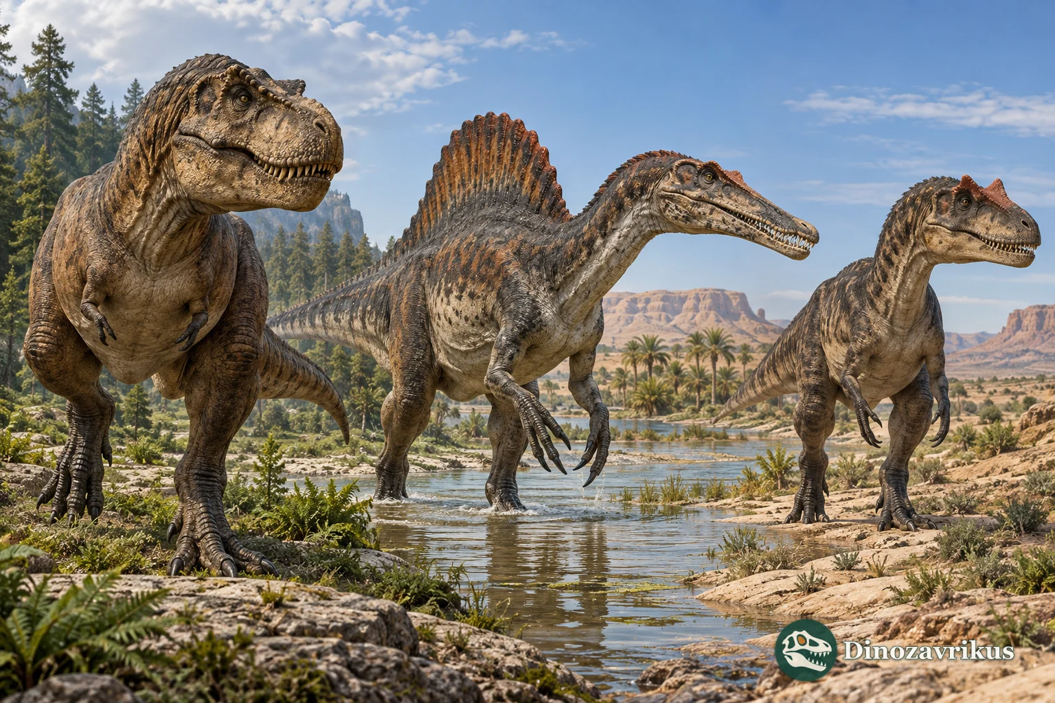 Tyrannosaurus, Spinosaurus and Allosaurus shown in a calm comparison of predator anatomy
