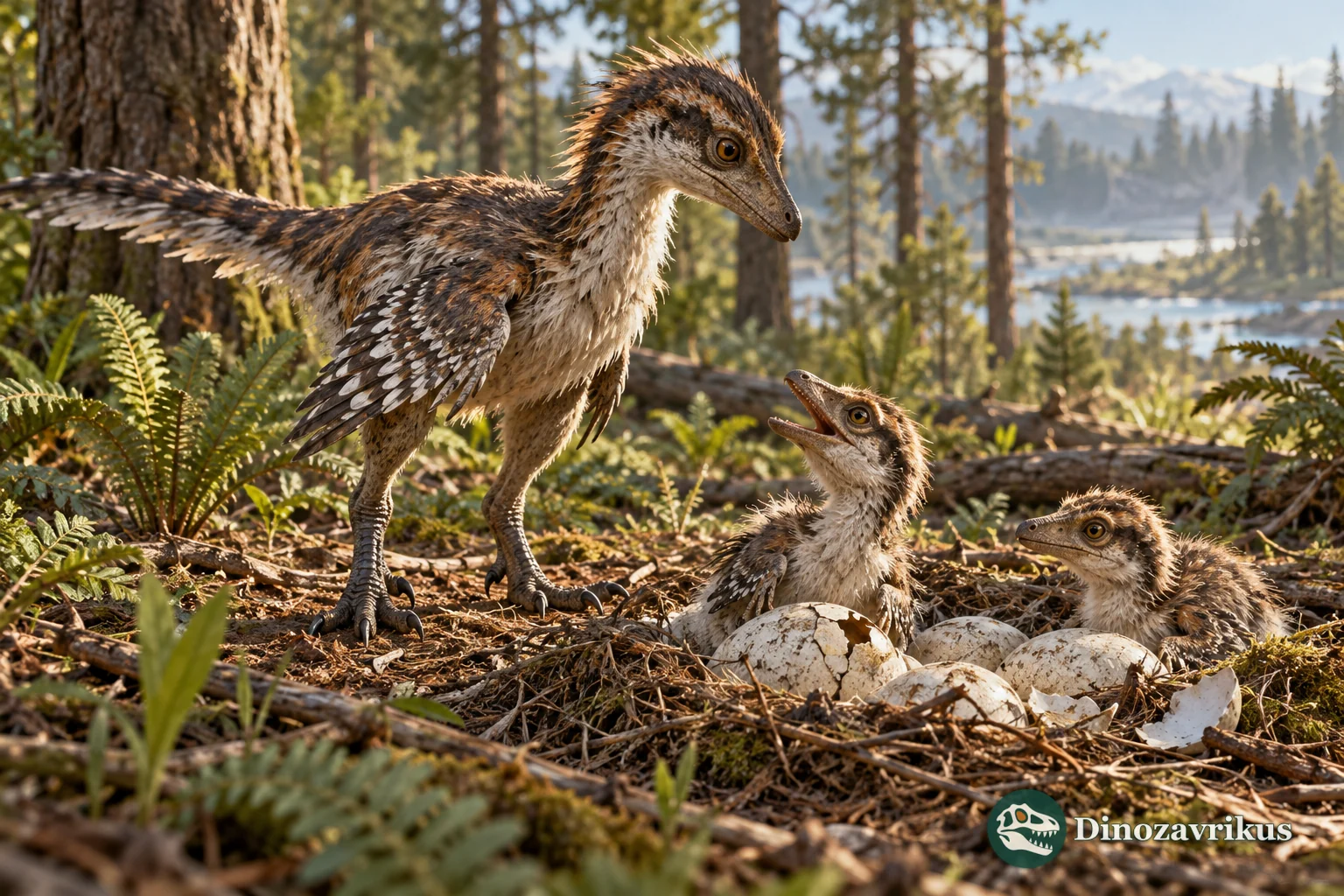 A feathered theropod juvenile and hatchlings near a ground nest in a forest setting