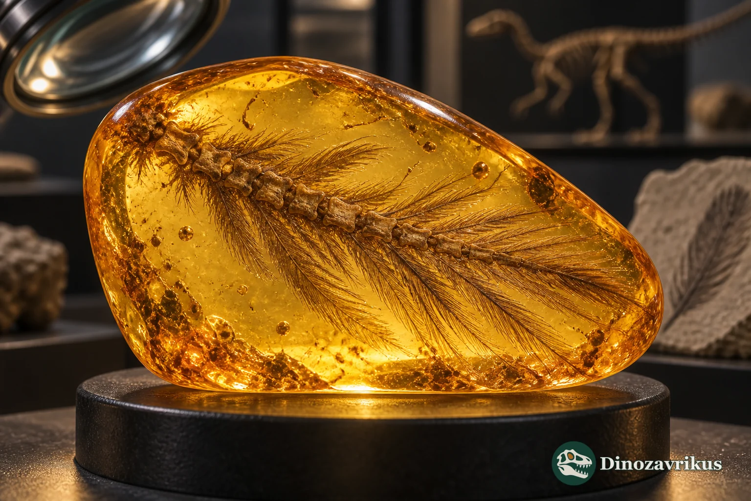 Small feathered dinosaur tail section preserved in polished amber