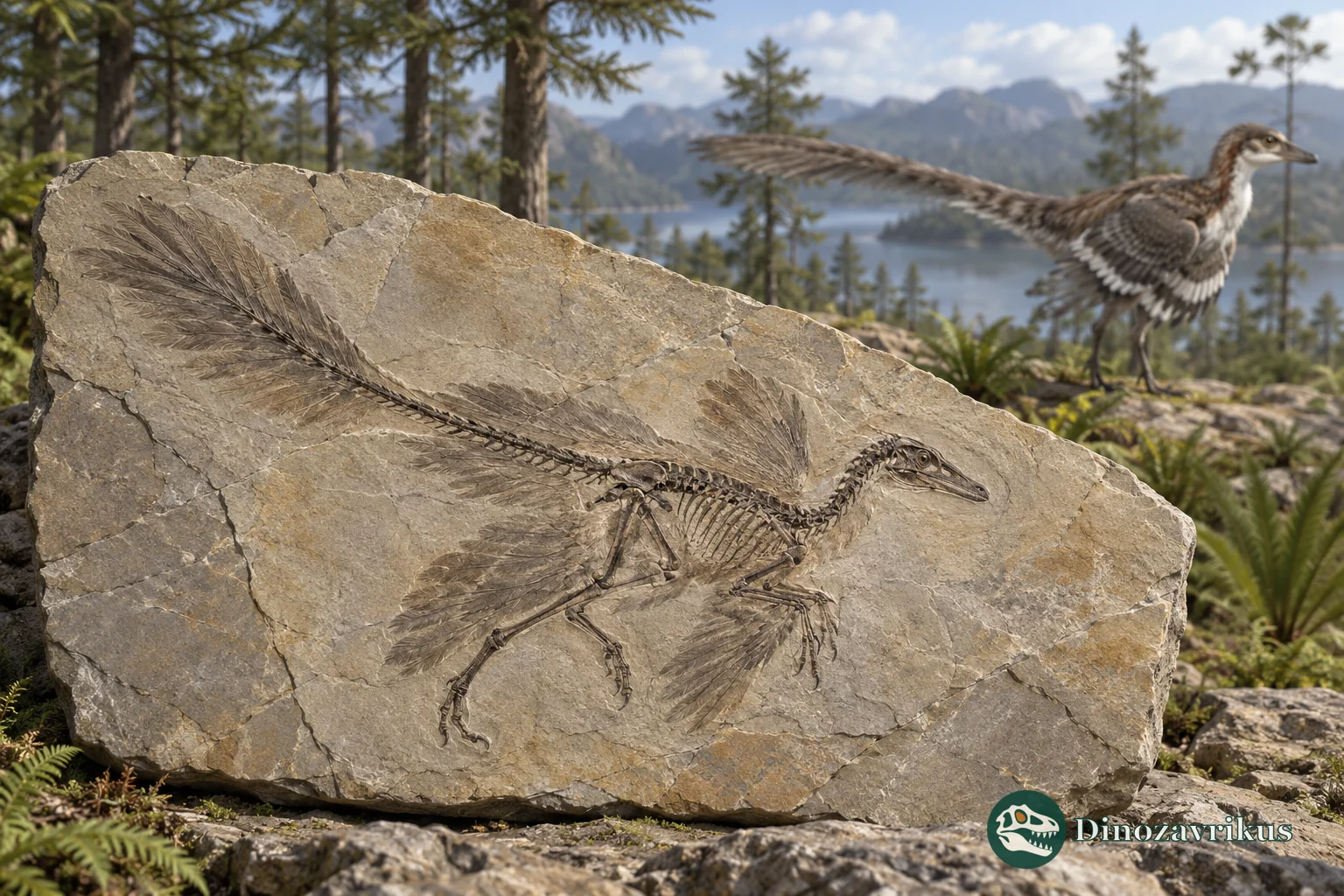 Fossil slab preserving a feathered dinosaur with a reconstruction in the background