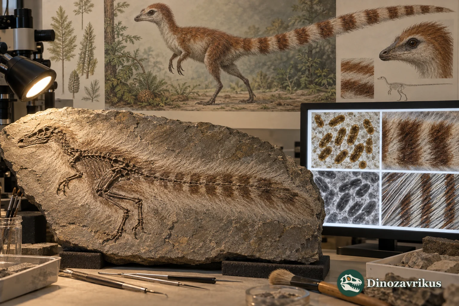 Feathered theropod fossil beside microscopic pigment research