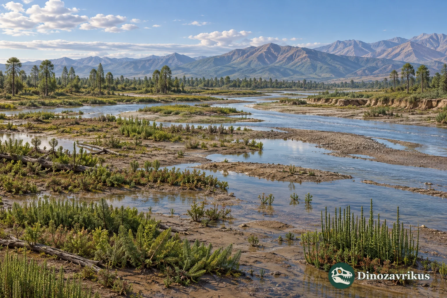 Artistic reconstruction of a Middle Jurassic floodplain landscape in the Fergana Depression