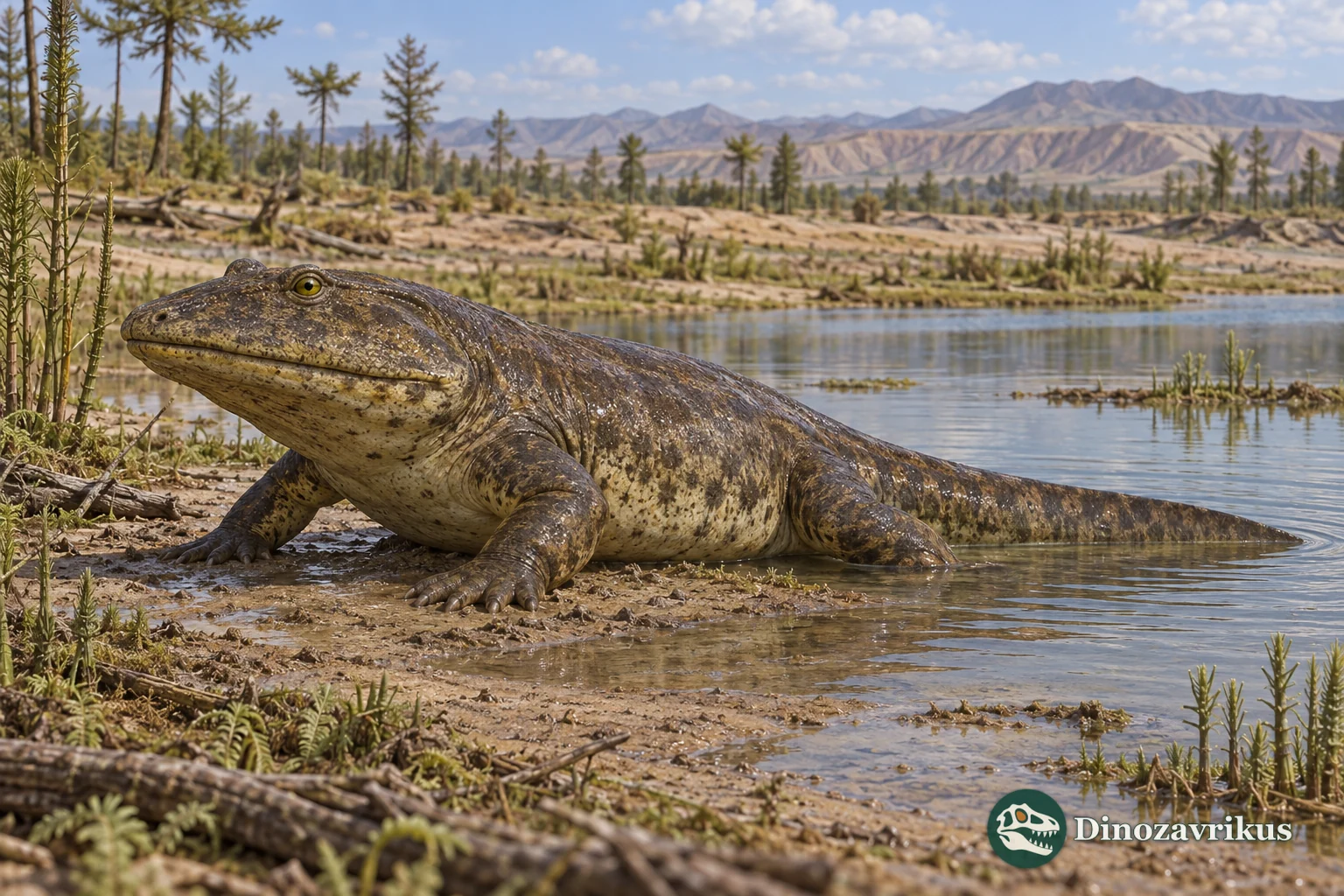 Artistic reconstruction of a broad-headed temnospondyl beside a Middle Jurassic Fergana waterway