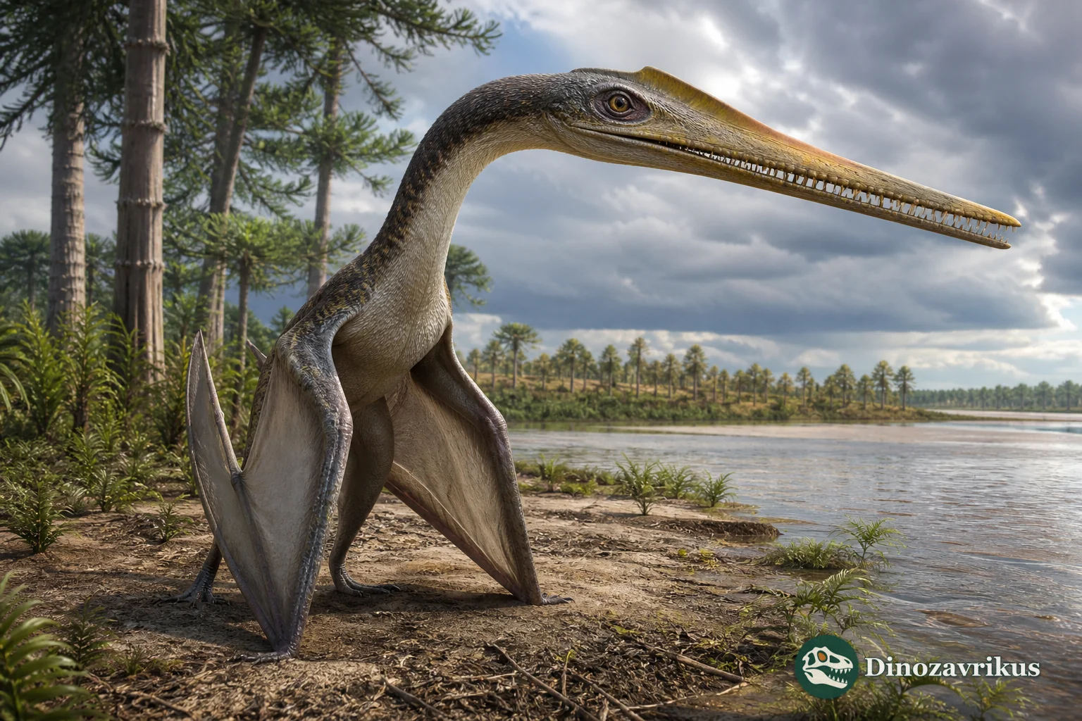 Ferrodraco gliding above a Cretaceous Queensland landscape