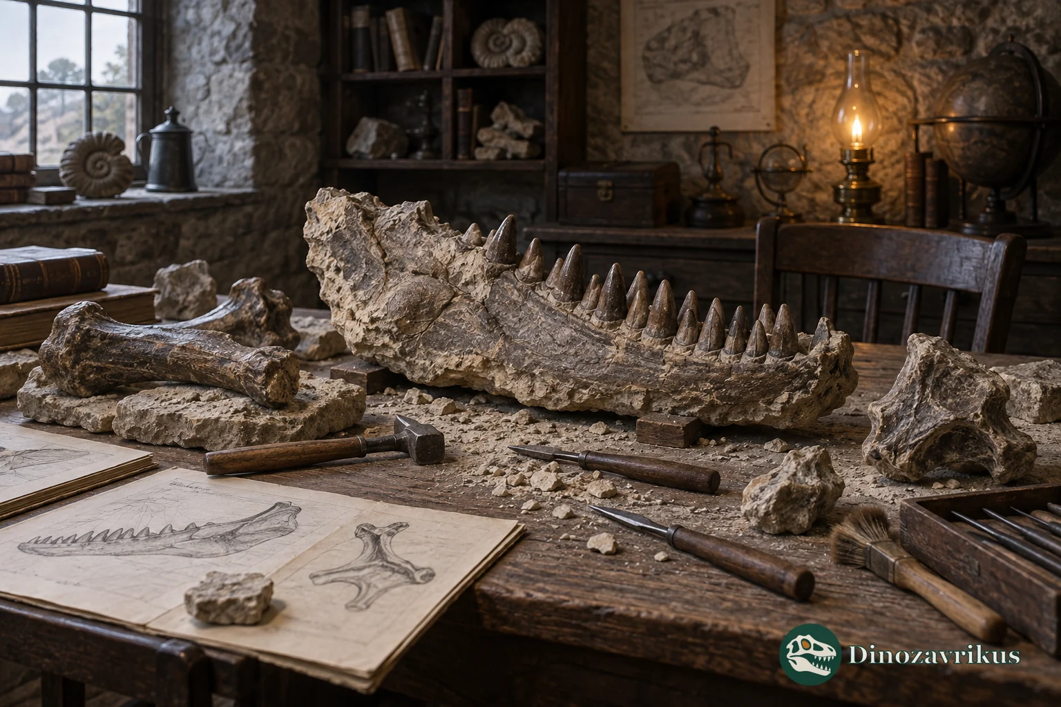 Fossil jaw and bones on an early nineteenth-century geology worktable