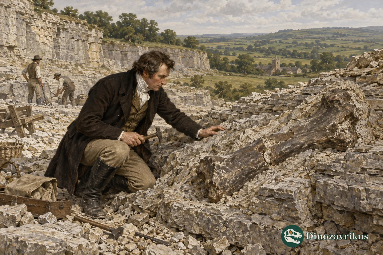 A palaeontologist comparing fossilised dinosaur bones on a museum worktable