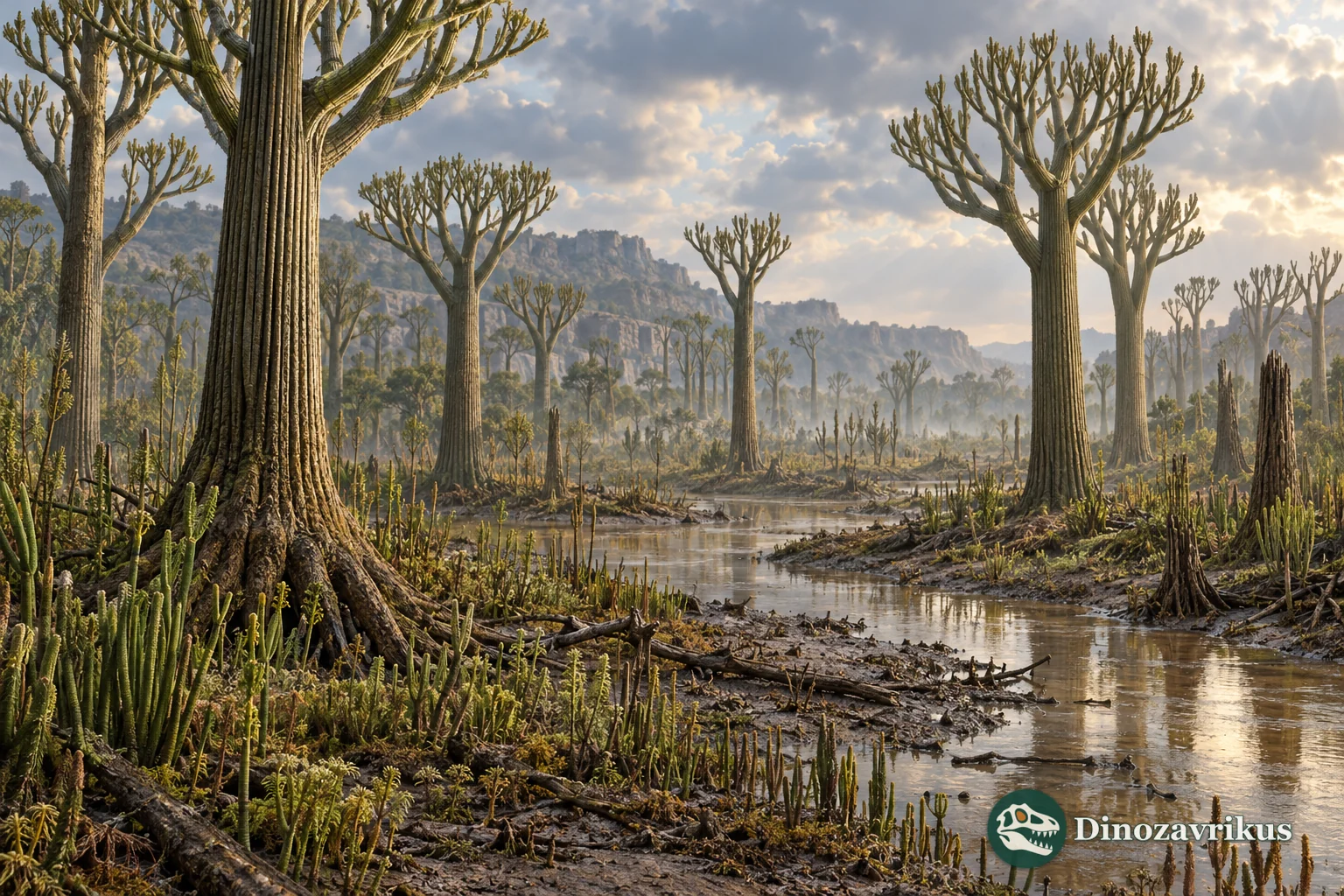 A Middle Devonian wetland forest of branching cladoxylopsid trees beside a shallow stream
