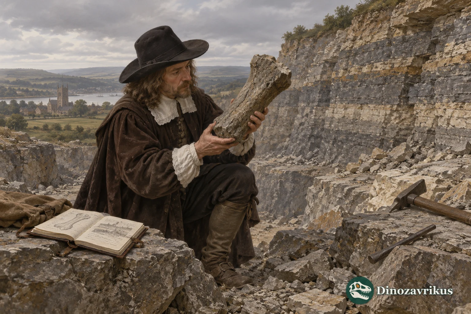 A seventeenth-century naturalist examines a fossil bone fragment in an English quarry