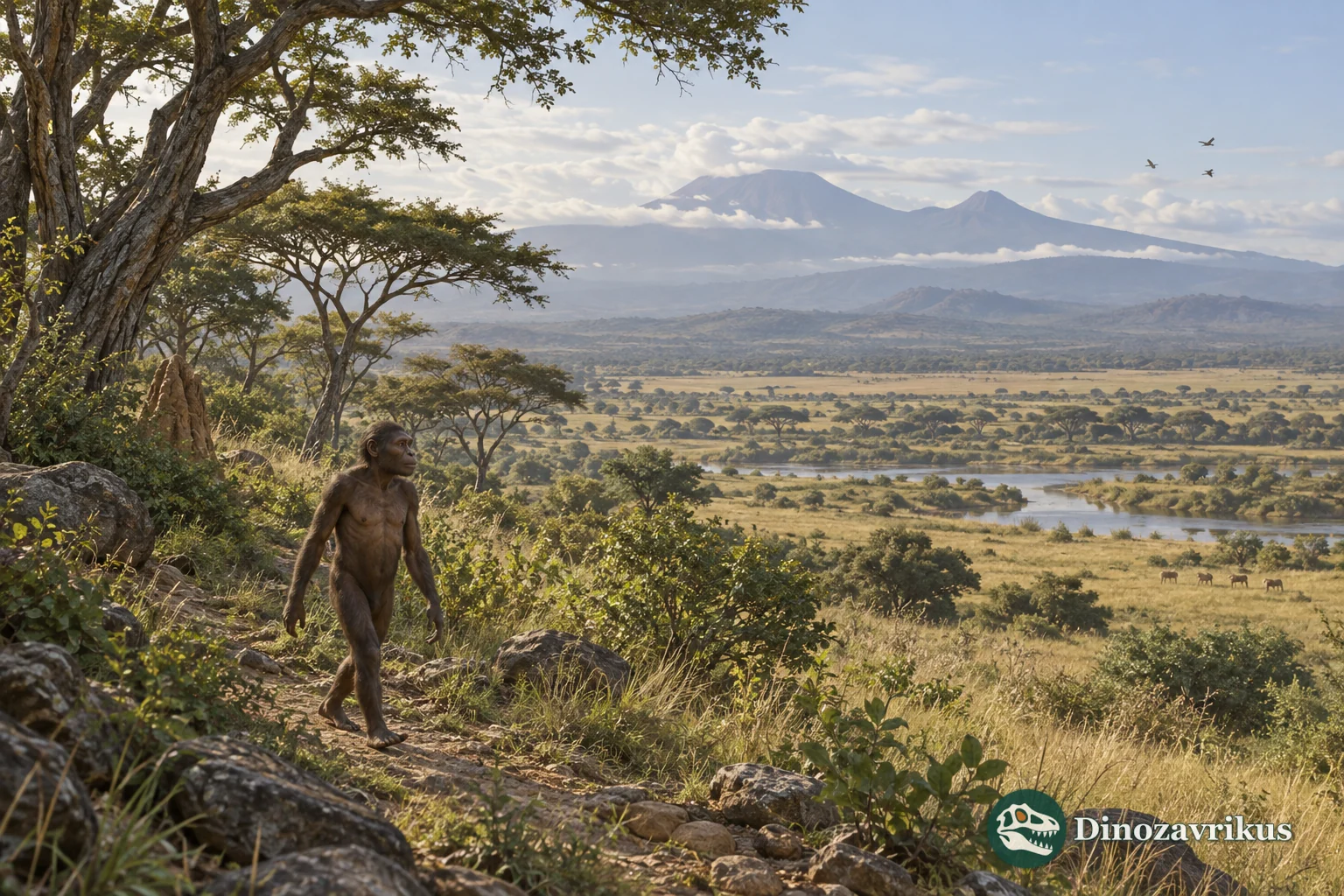 An early hominin walking at the edge of an East African woodland and savanna mosaic