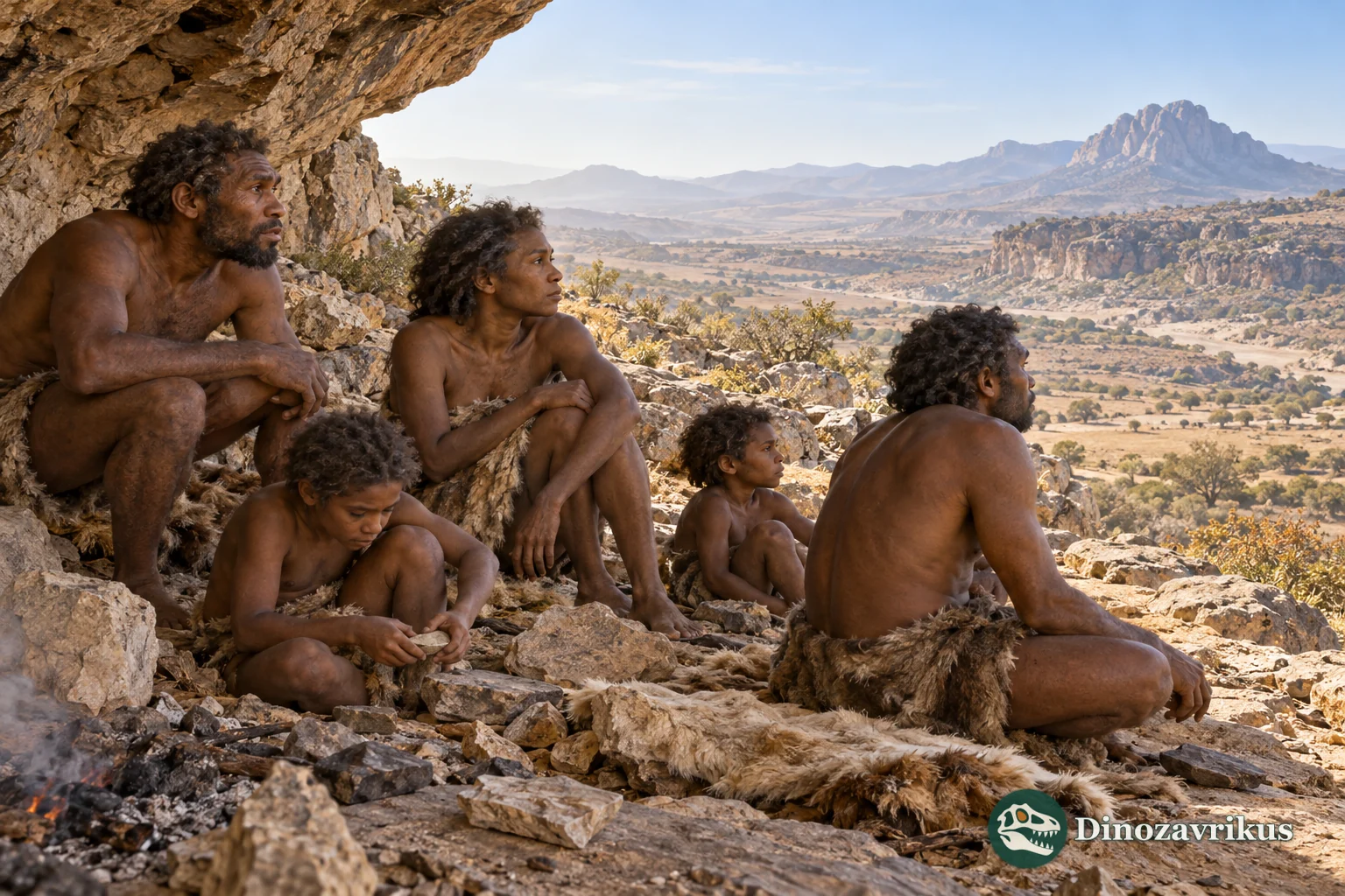 A small group of early Homo sapiens in a North African rocky landscape