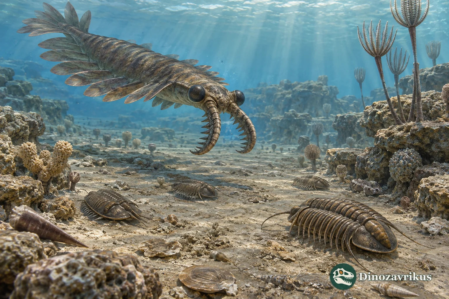 A radiodont swims above trilobites on an ancient sea floor