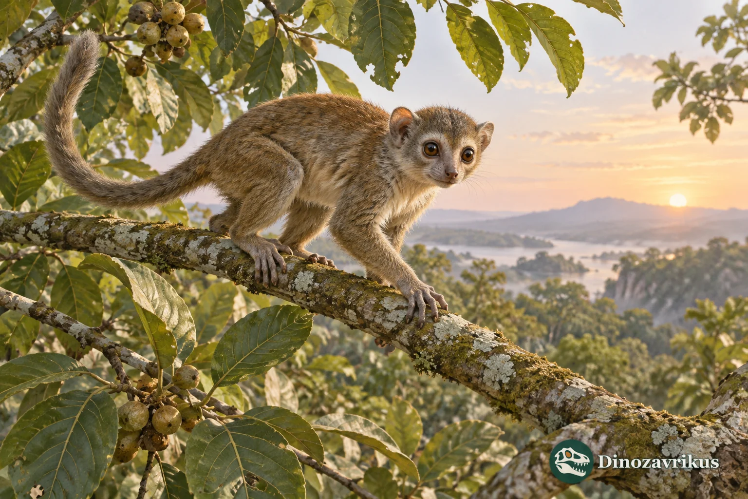 A small early primate moving among branches in an Eocene forest