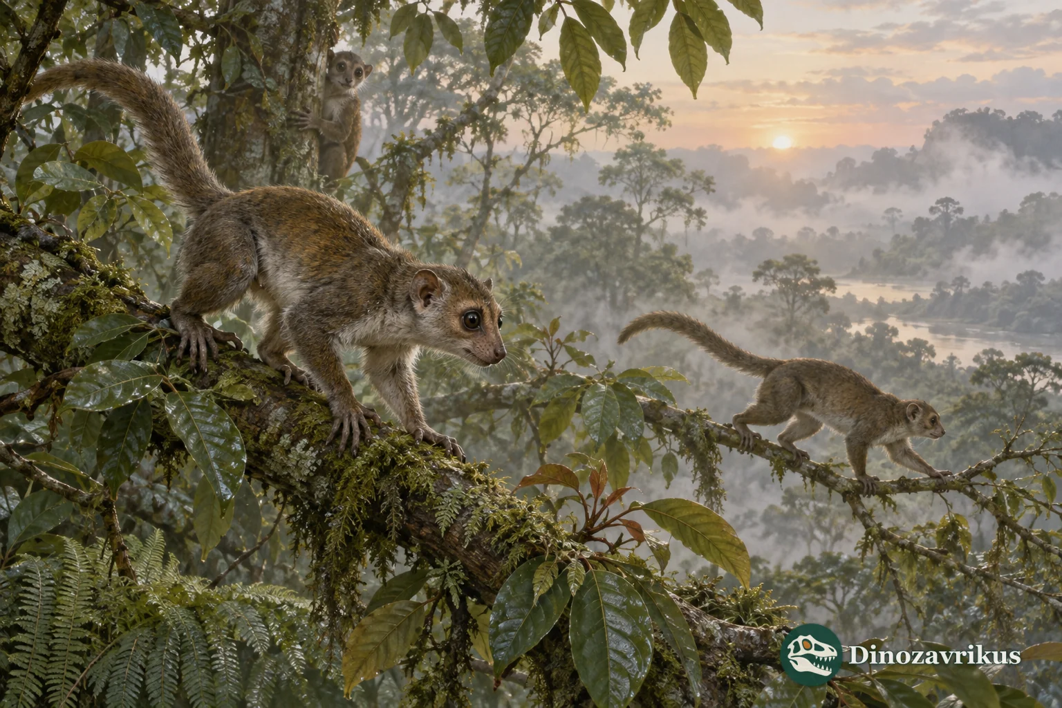 Small early primate relatives move through branches in a Paleocene forest canopy