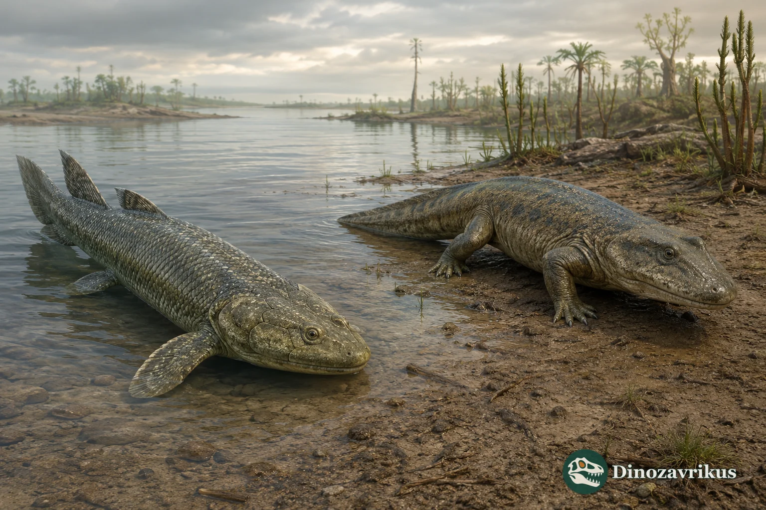 Two Devonian lobe-finned vertebrates resting in shallow water beside a vegetated bank