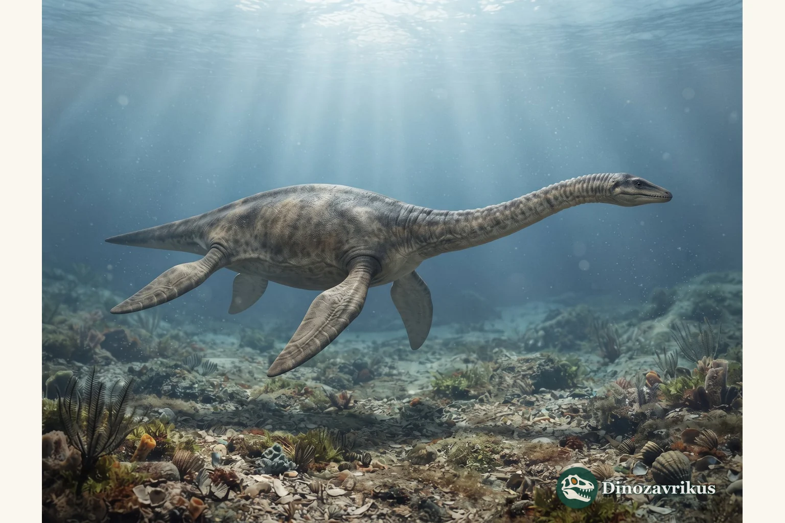 A plesiosaur swimming above a shallow marine seafloor