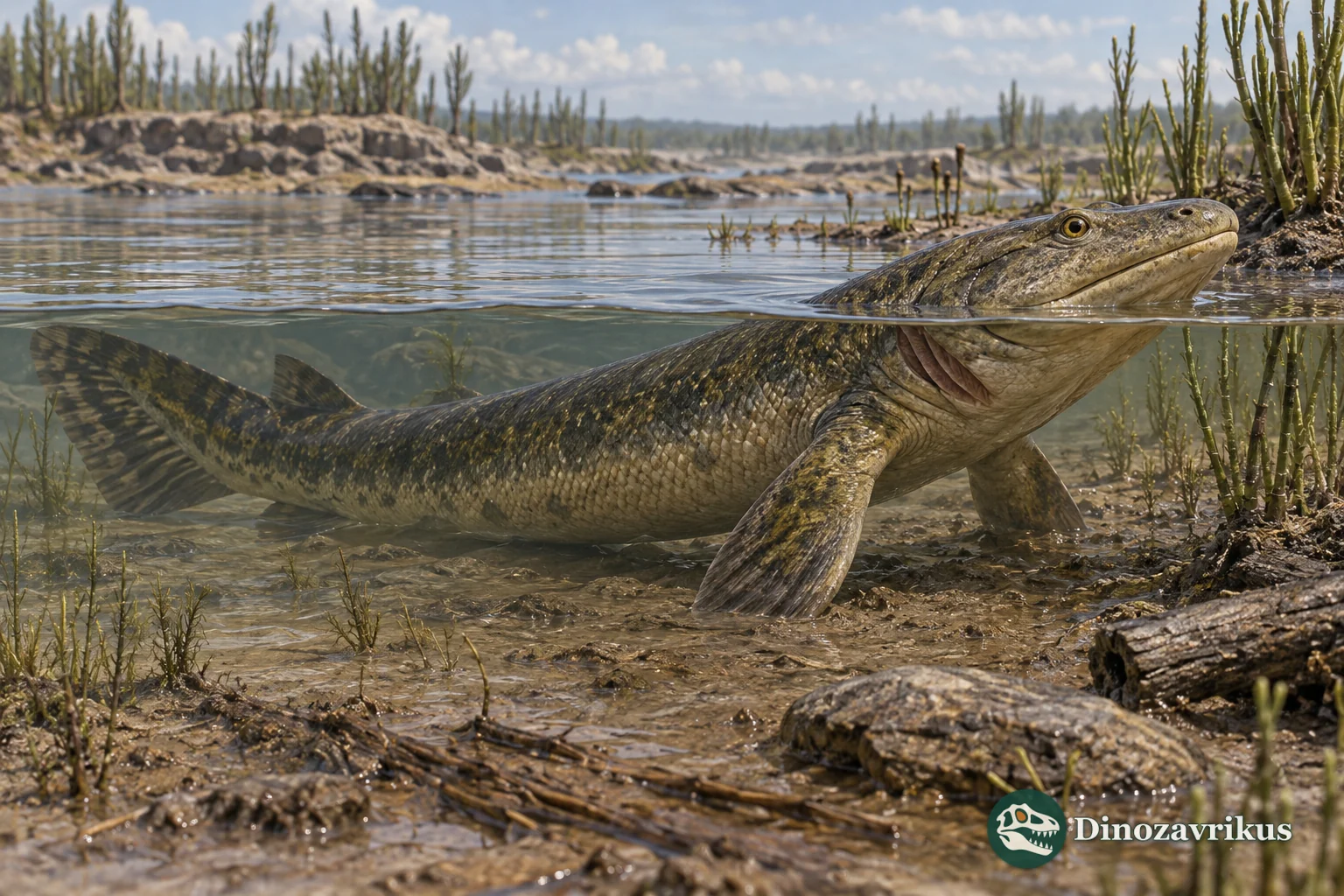 A Devonian tetrapodomorph fish supporting itself in shallow water among plants and exposed mud