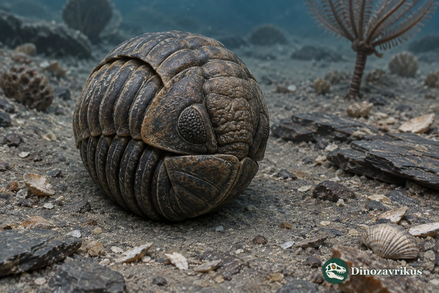 Flexicalymene senaria trilobite enrolled into a protective ball on an Ordovician seabed