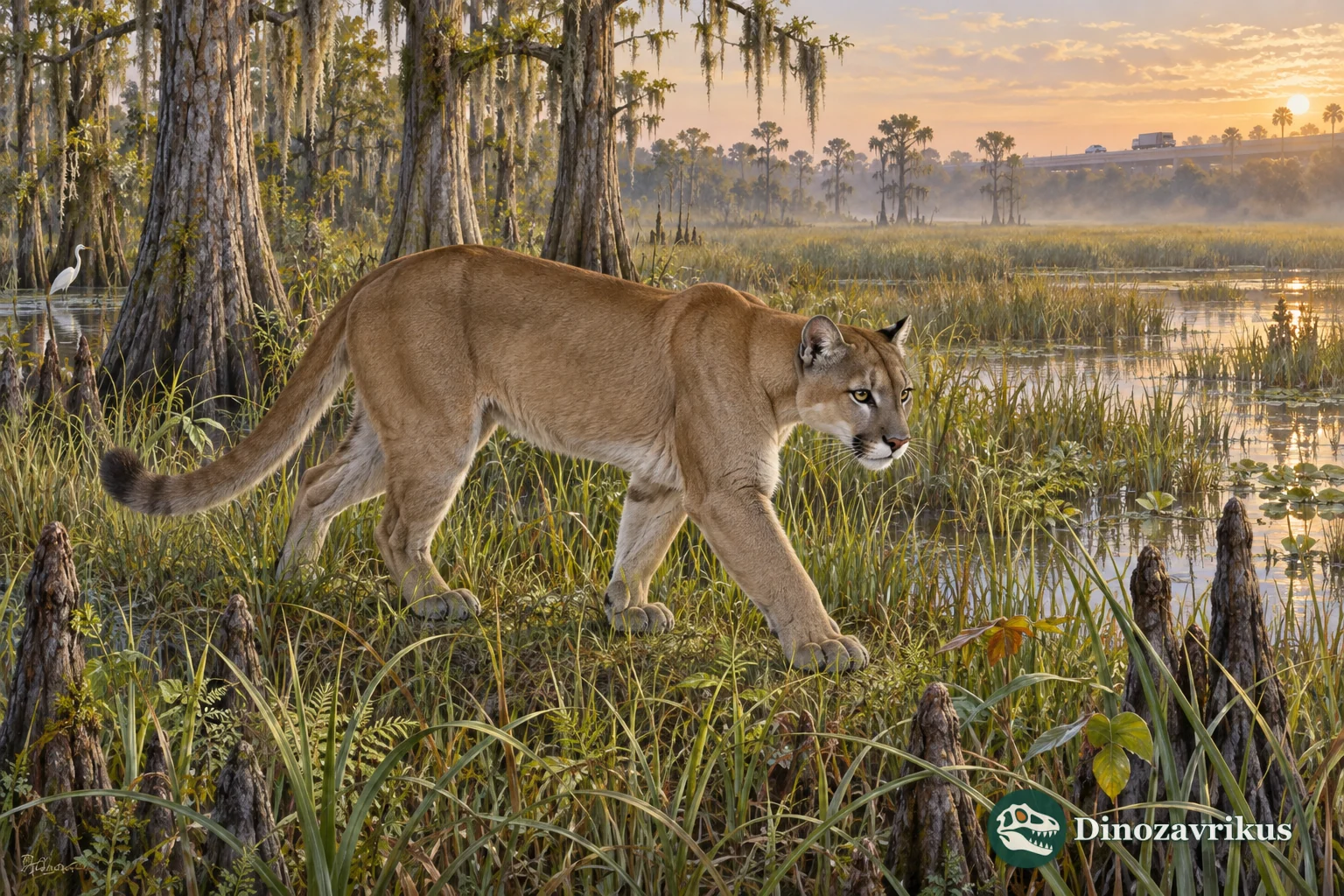 Florida panther walking through south Florida cypress wetland and sawgrass