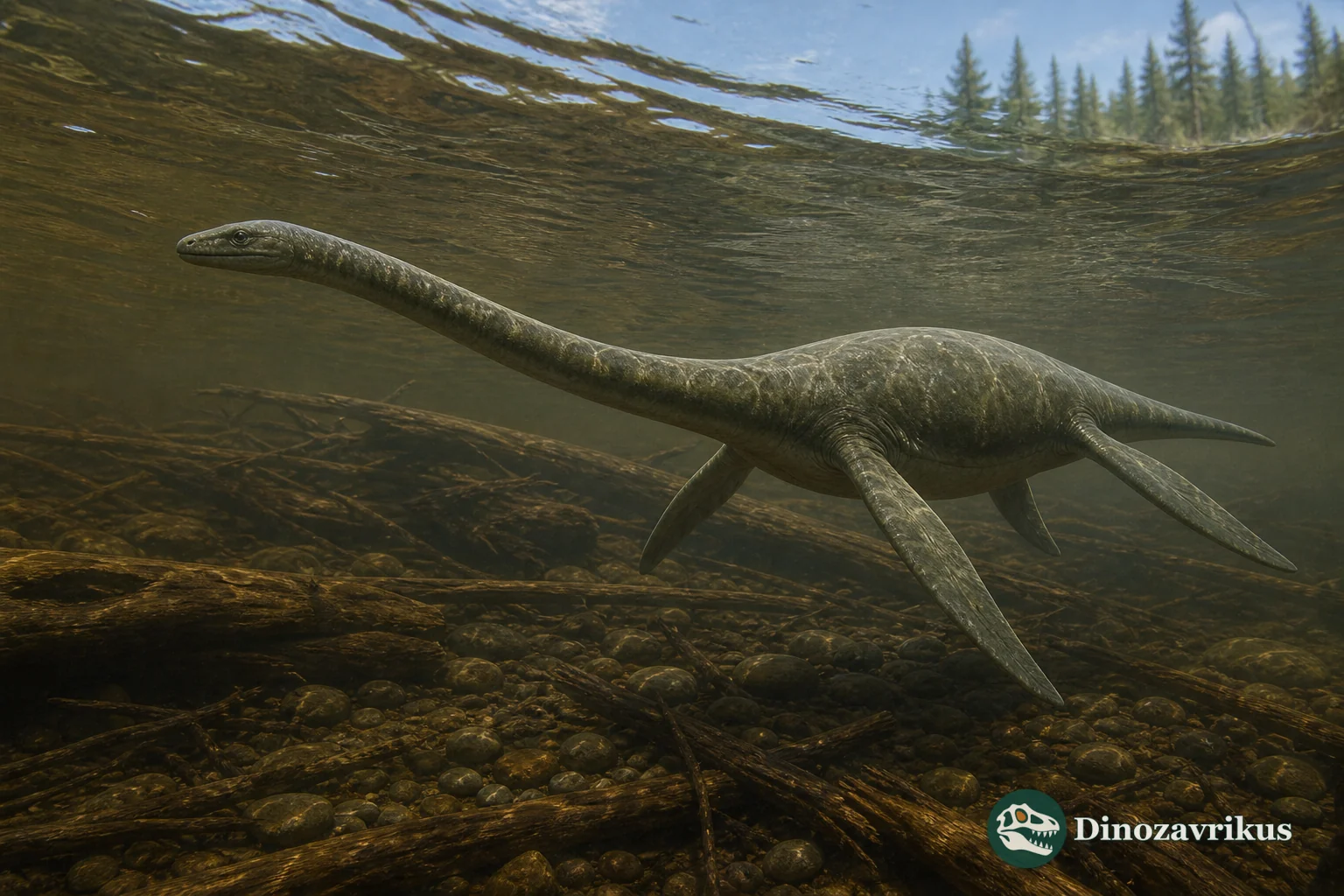 Fluvionectes swimming through a Late Cretaceous river channel